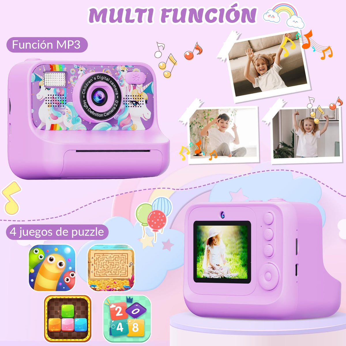 SlowTon Cámara Instantánea para Niños de Impresión, Cámara Digital Infantil Instanea Sopotar Selfie Vídeo, 2.4'' 1080P HD Cámara Infantil con Tarjeta de 32GB y Flash, Regalo para Niños de 3 a 12 Años