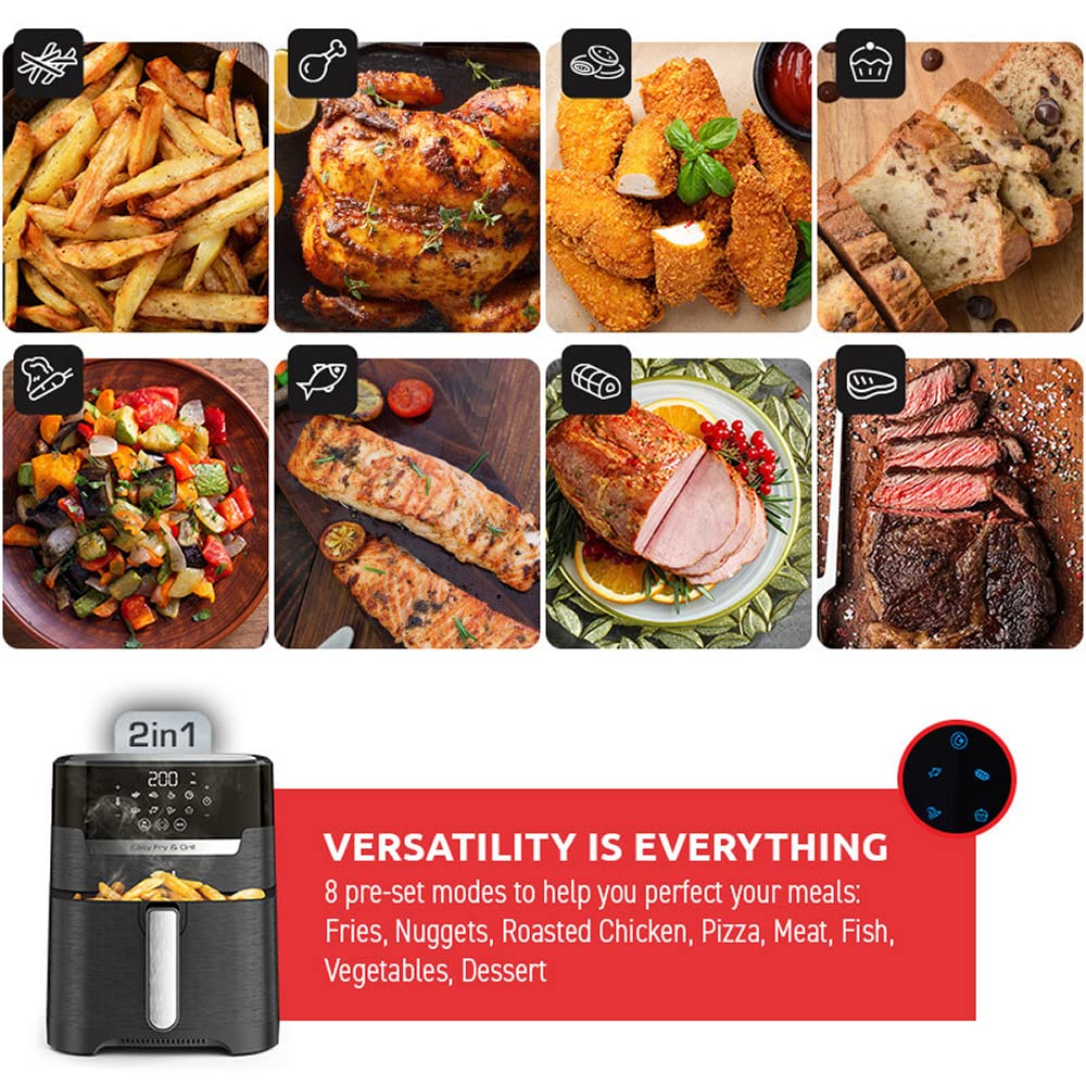 T-fal Freidora de Aire Digital Easy Fry & Grill, ¡La primera Freidora de Aire 2 en 1, con su función única de asar a la parrilla! Cuenta con 8 menús automáticos. Capacidad 4.2 L,EY505850