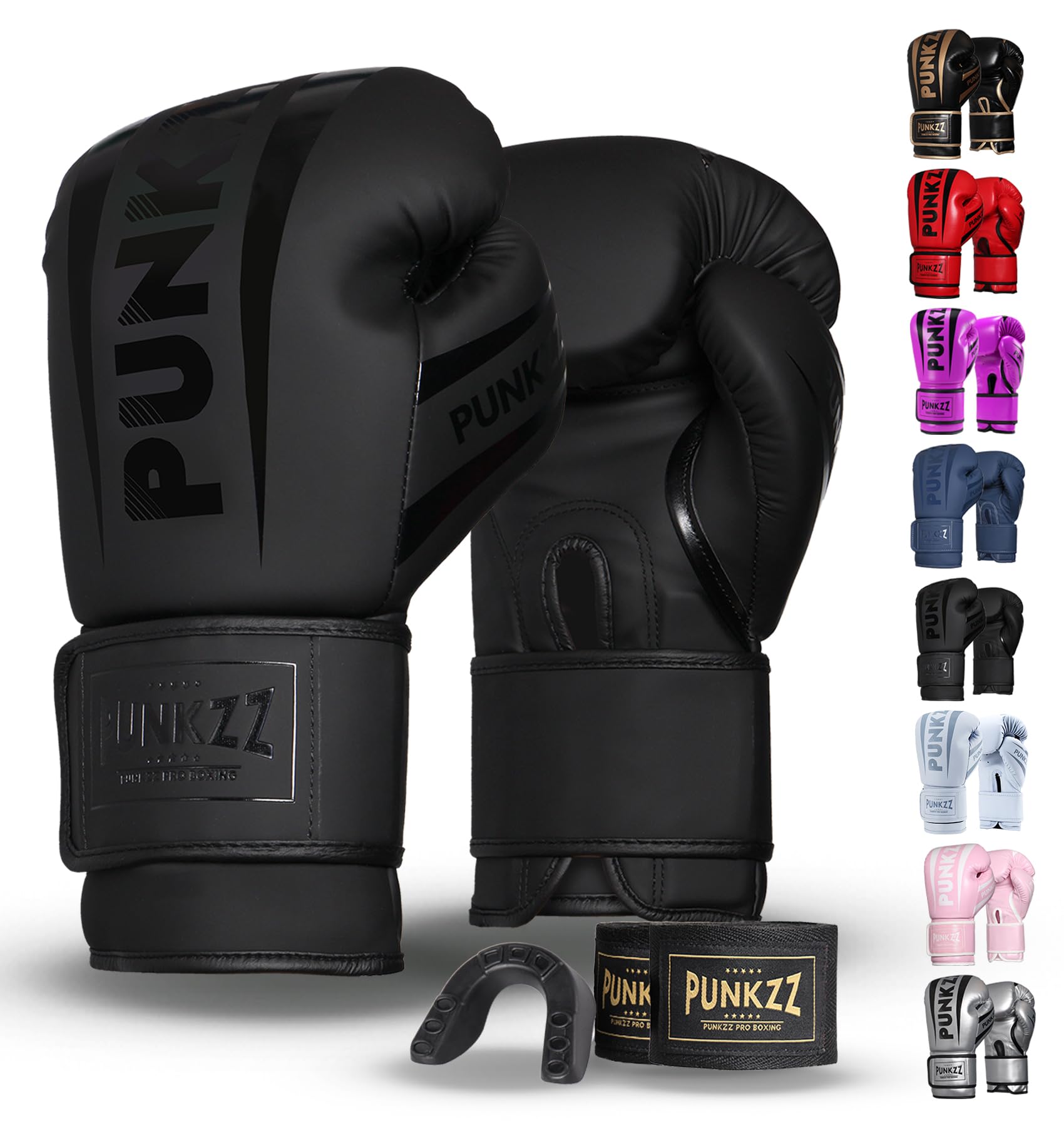 PUNKZZ Guantes de Boxeo 8-18oz,Guantes de Entrenamiento para Hombres y Mujeres, Protector Bucal Incluido, Absorción de Impactos, MMA (Negro, 12oz)