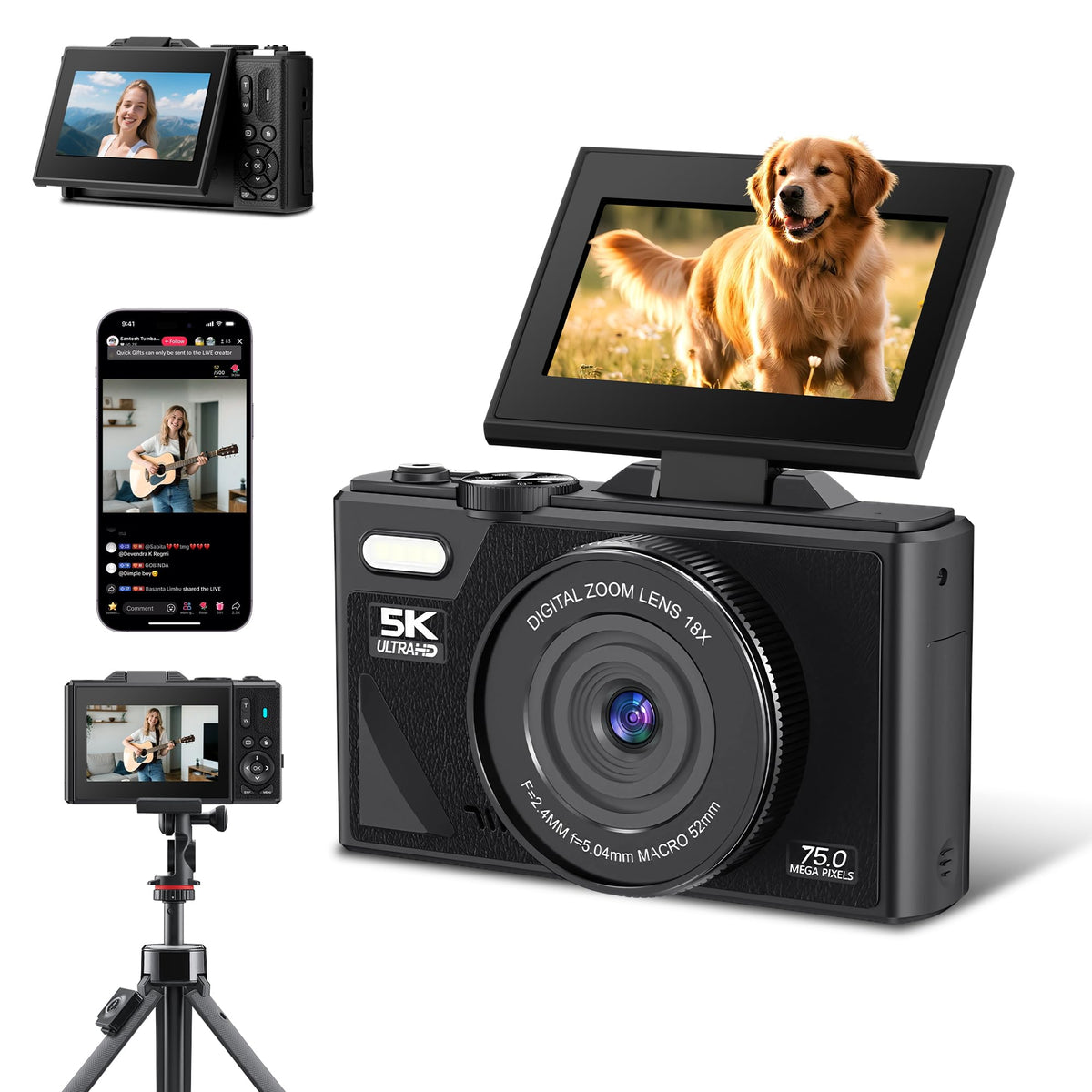 Camara Digital 5K Ultra HD, Camara Fotografica 75 MP, Cámara de Vlogueo Admite [WiFi y APP], Pantalla Giratoria 180° de 3 Pulgadas, Enfoque Automático 18X, Cámara para Viajes, Fotografía(nergo)