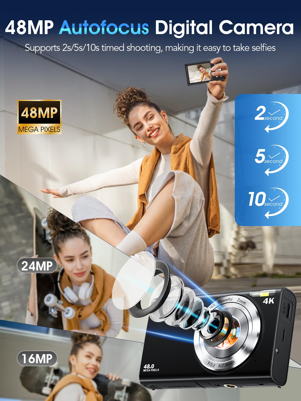 Cámara digital, enfoque automático 4K Vlogging Cámara para fotografía con tarjeta de 32 GB, cámara digital portátil compacta de 48 MP para adolescentes y adultos principiantes con zoom de 16X,