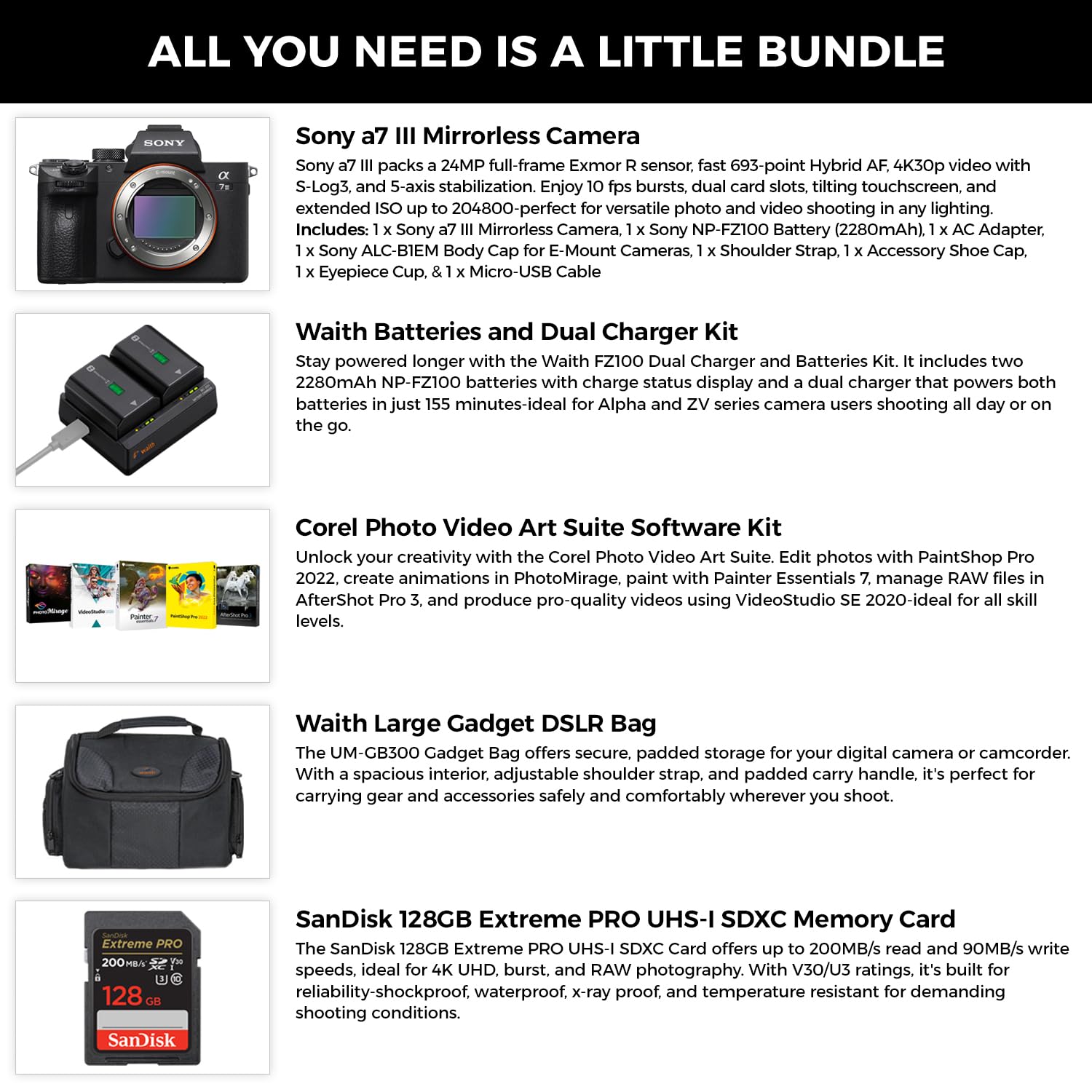 Sony a7 III Cámara sin espejo (negro) – Cámara digital de fotograma completo de 24 MP con baterías y kit de cargador dual, kit de software Corel, tarjeta de memoria SDXC de 128 GB y bolsa DSLR grande