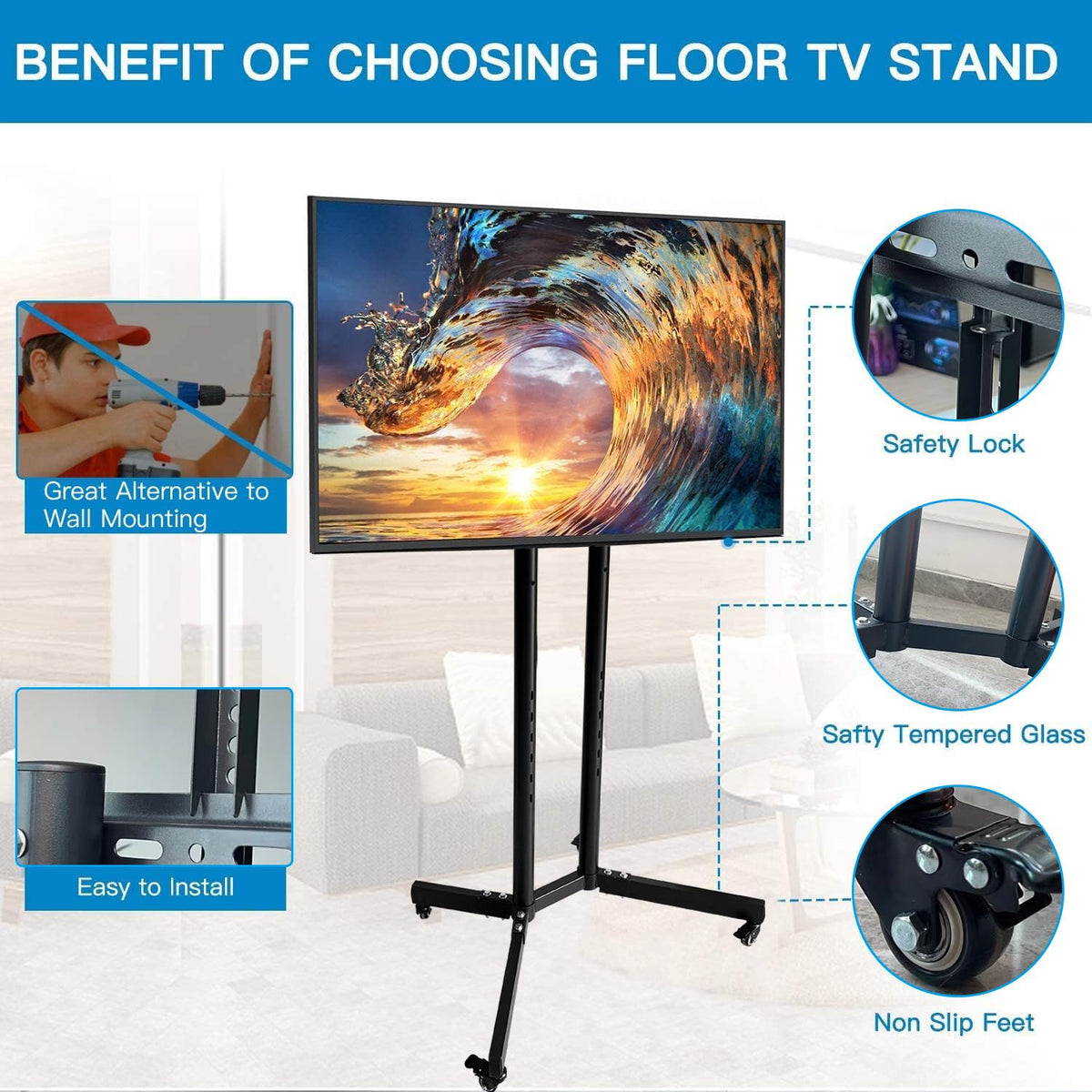 TBONEEY Soporte TV Ruedas para Television de 26 a 75 Pulgadas Ajustable en Altura, Soporte Móvil de Suelo Pie para Pantallas LCD LED, con VESA Máx. 600x400mm, hasta 70kg (Negro)