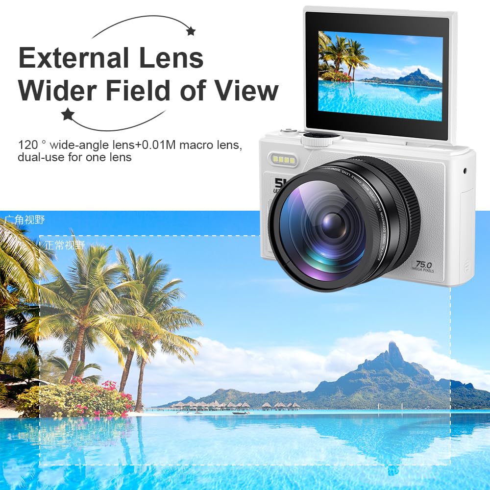 XUMIUZIY Cámara Digital 5K con Zoom Óptico 18X, Cámara Digital Vintage 75MP con Enfoque Automático, Cámara 5k con Pantalla abatible, Vídeo 5K y Detección de Sonrisa (Black) (White)
