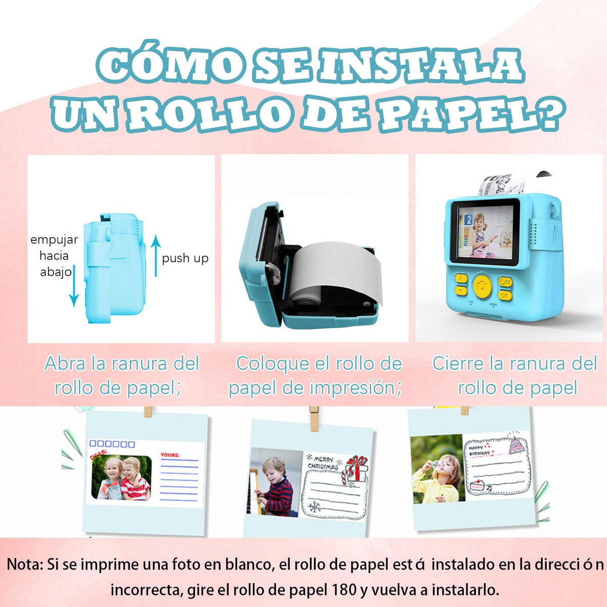 AWCBBT Cámara Instantánea para Niños de 1080P,Camara Fotografica Instanea,Camara Infantiles para Niñas con Tarjeta SD de 32 GB y 5 Vols Papel de Impresión,Cordón de Mano,Cable de Datos USBC(Azul)