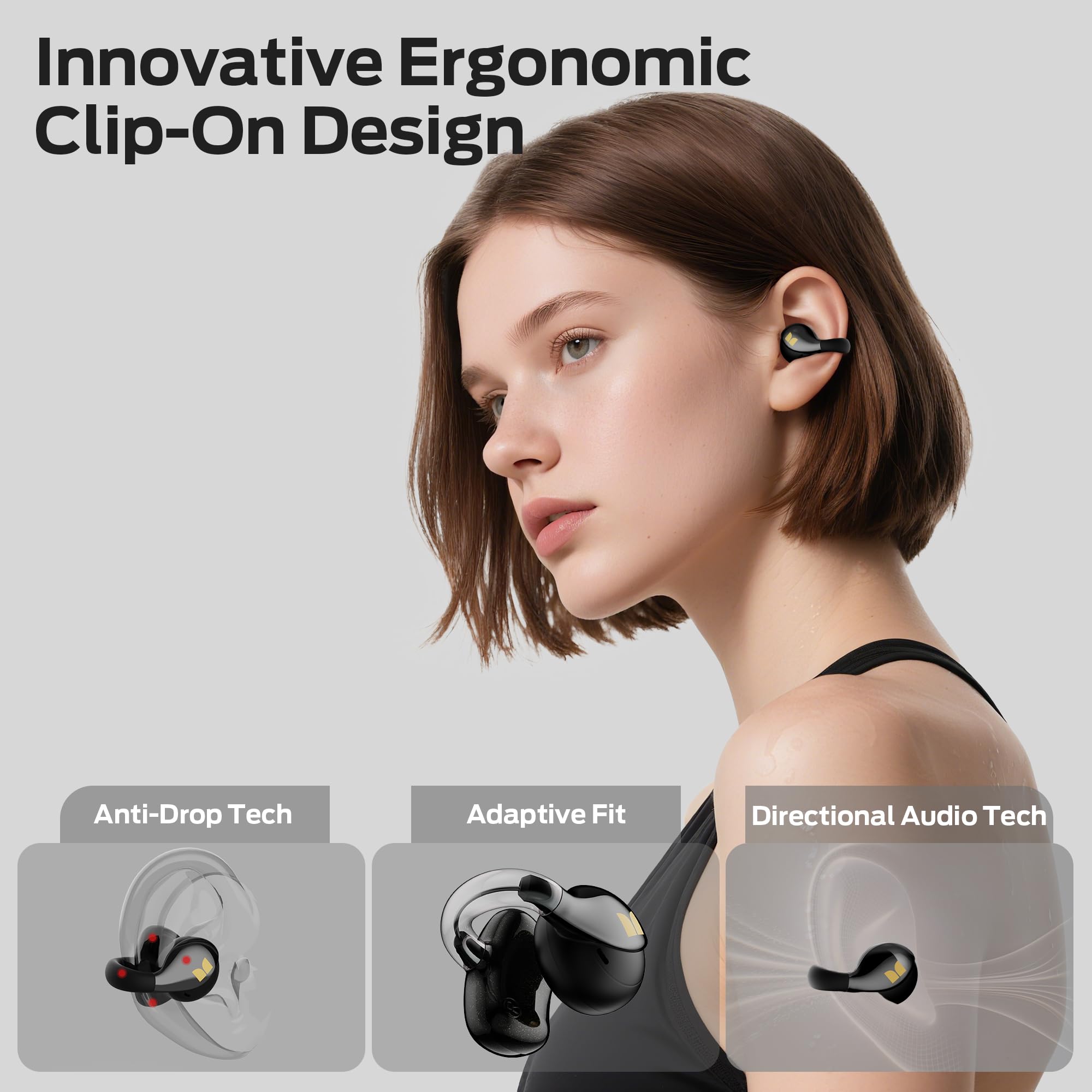 Monster Open Ear AC225 Auriculares, Auriculares Inalámbricos Bluetooth 6.0, Sonido Estéreo, Auriculares Clip-on Ligeros con Micrófono ENC para Llamadas Claras, Tiempo de Reproducción de 36h, Negro