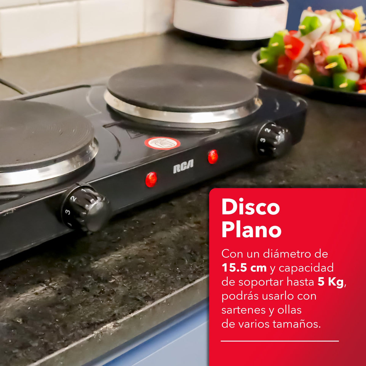 RCA Parrilla Eléctrica RC2000N con Dos Quemadores de 1000W, Acero Inoxidable, Portátil, Alta Resistencia, Calor Uniforme, 5 Niveles de Calor, Antiderrapante y Funcional para Cocina Compacta.