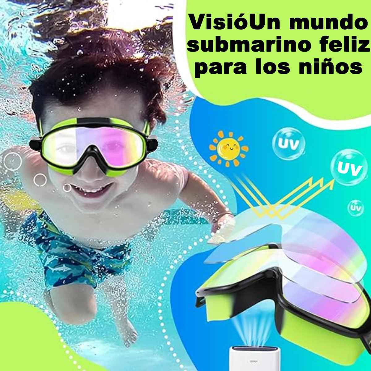 Gafas de Natación para Niños,2 Pcs Anteojos de Natación para Niños con Tapón La Oídos y Clip para La Nariz,Swim Goggles Ajustable de Silicona,Protección UV,Sin Fugas,Antivaho Anteojos de Natación