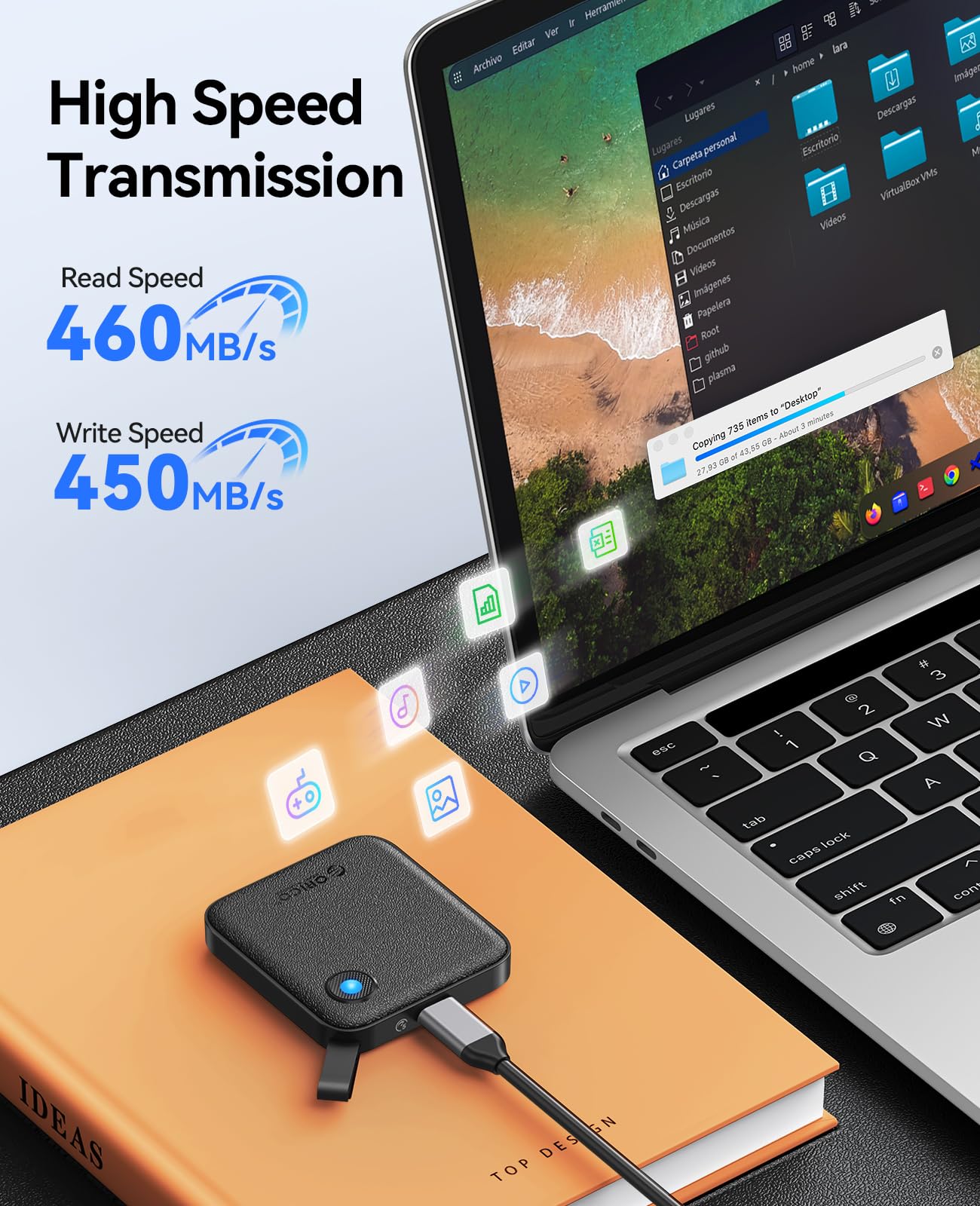 ORICO SSD portátil de con Cable USB C 2 en 1, Unidades de Estado sólido externas, hasta 460 MB/s, indicador de Estado, Almacenamiento fiable para Smartphone, Tablet y PC con USB-C - B5PLUS (480, GB)