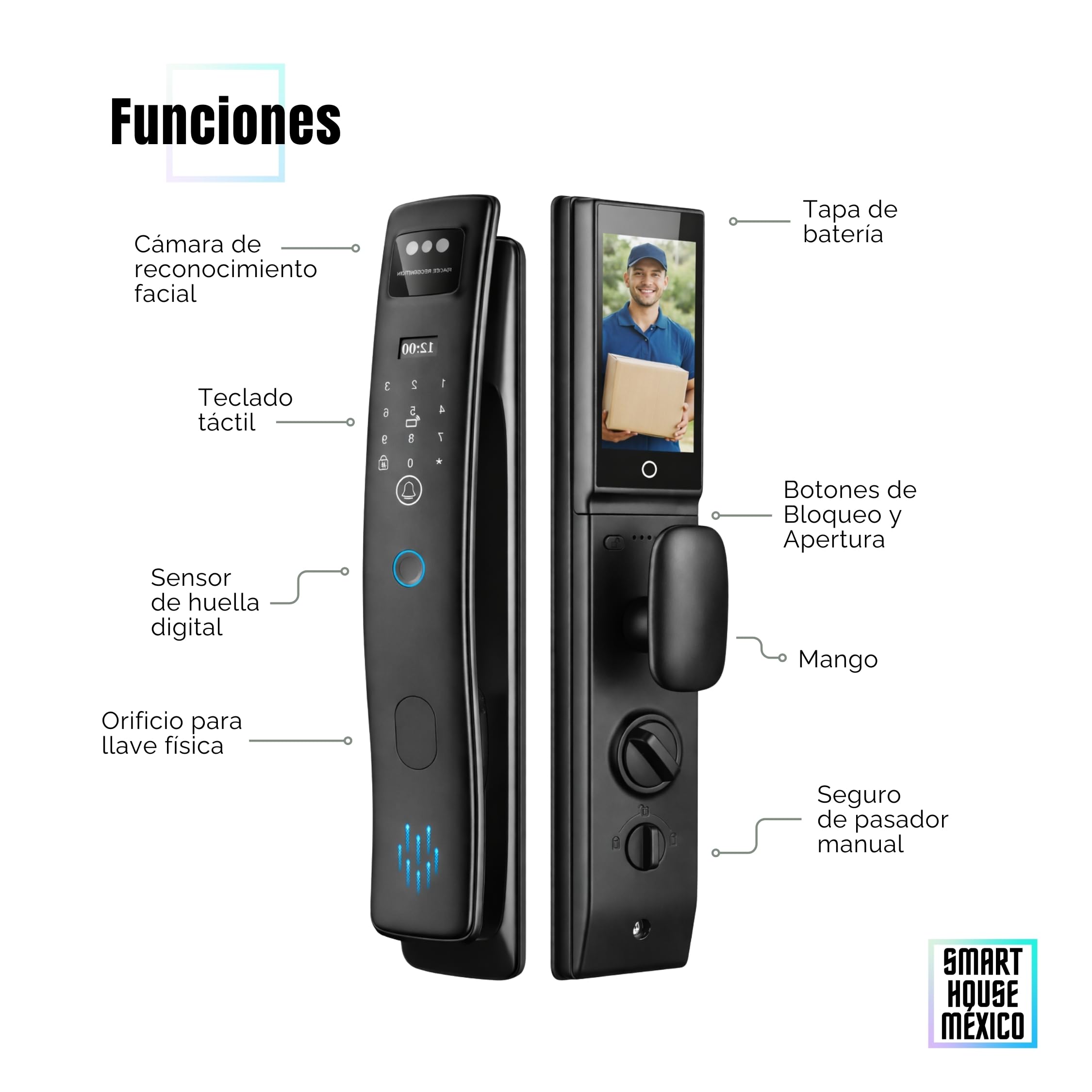 Cerradura Electrónica Inteligente WiFi con Cámara y 7 métodos de apertura. | Reconocimiento Facial, de palma, Huella, Código, App móvil, Tarjeta, Llave Física | Nova Max