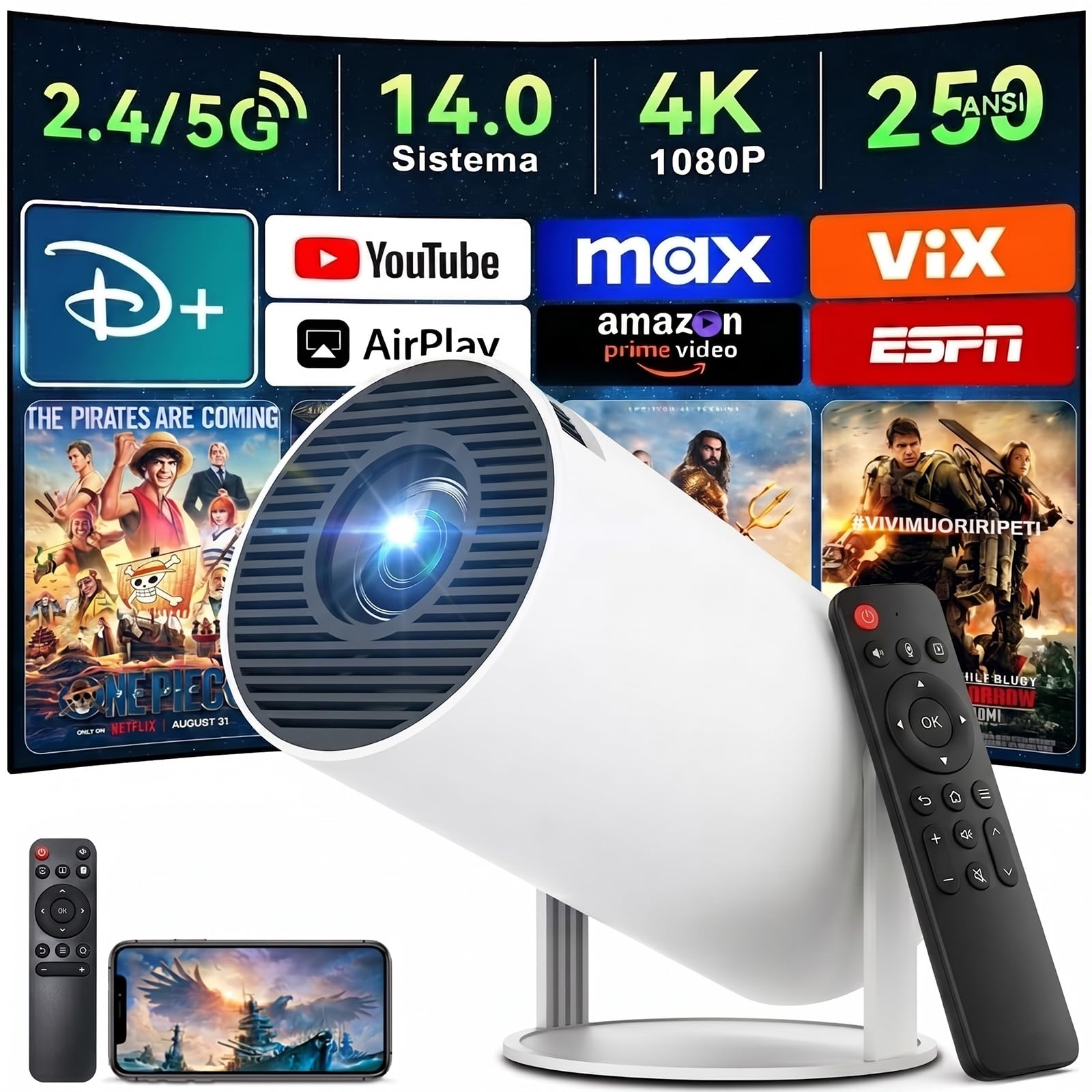 【Android 14.0】KACOTA Mini Proyector 4K Portátil 2026, 250ANSI/10000 Lúmenes