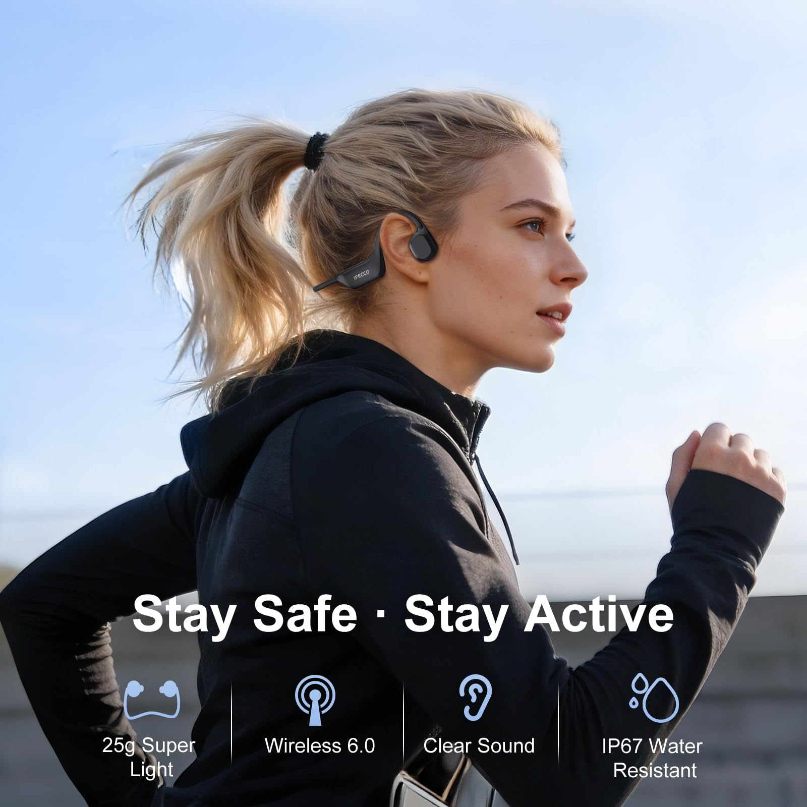 IFECCO Audífonos Conducción Osea Bluetooth 6.0 - IP67 Resistente al Agua Audífonos de Oído Abierto Inalambricos con Micrófono,10H de Potencia para Ciclismo, Correr, Senderismo