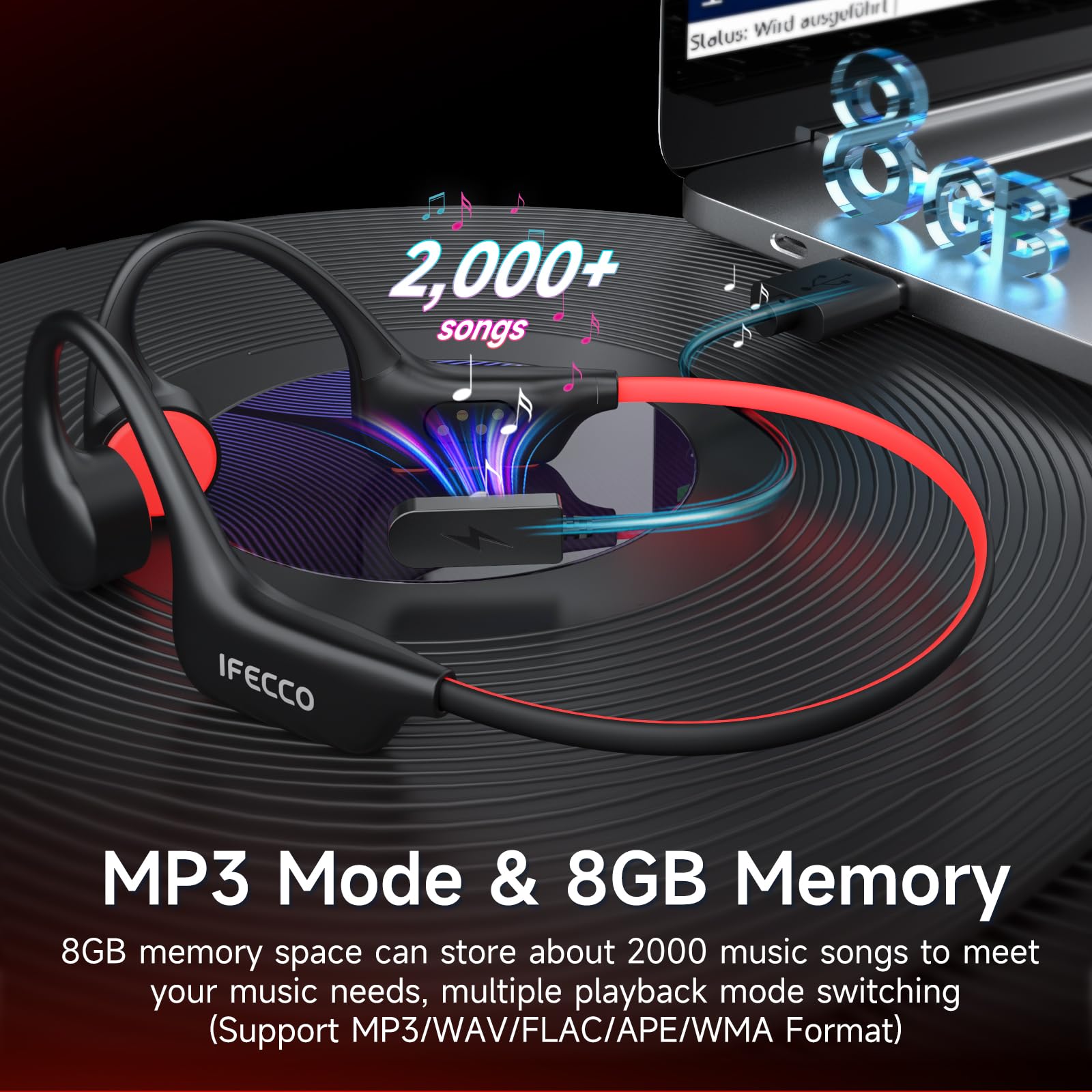 IFECCO Audífonos Conducción Ósea Natación - IP68 Agua Audífonos para Nadar Bluetooth 6.0,Oído Abierto con Reproductor MP3 de 8GB Auriculares para Natación Carreras y Ciclismo