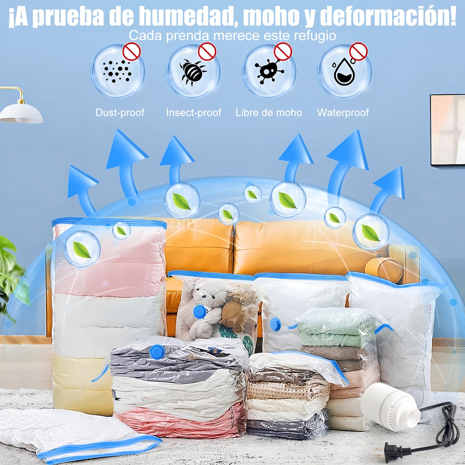 8 PCS Bolsas al Vacio Ropa,con Bomba Eléctrica,Gran Capacidad,Reutilizables,Viajepara Guardar Ropa,Bolsas de Compresión para Viaje,Almohadas,Edredones(PE+PA）