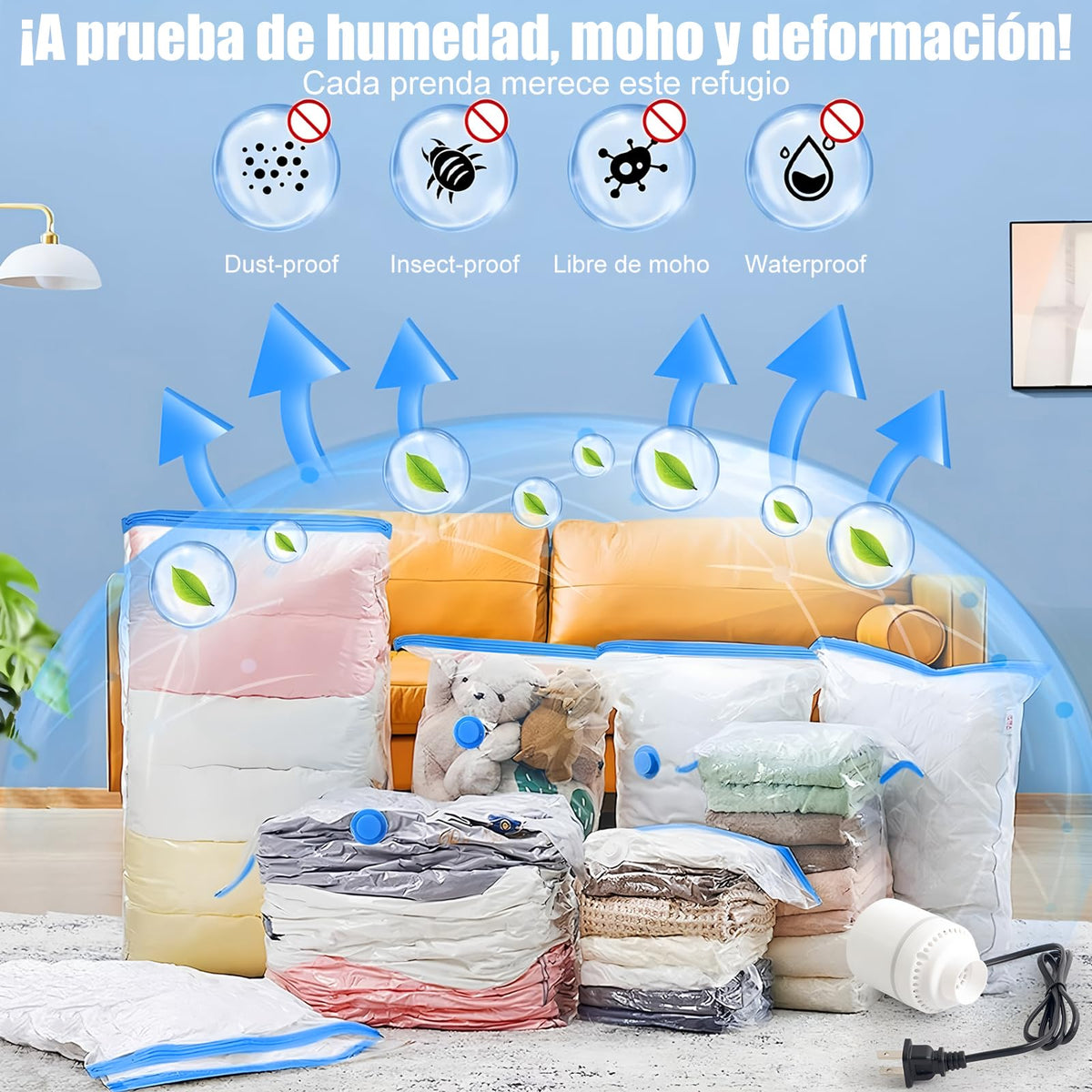 8 PCS Bolsas al Vacio Ropa,con Bomba Eléctrica,Gran Capacidad,Reutilizables,Viajepara Guardar Ropa,Bolsas de Compresión para Viaje,Almohadas,Edredones(PE+PA）