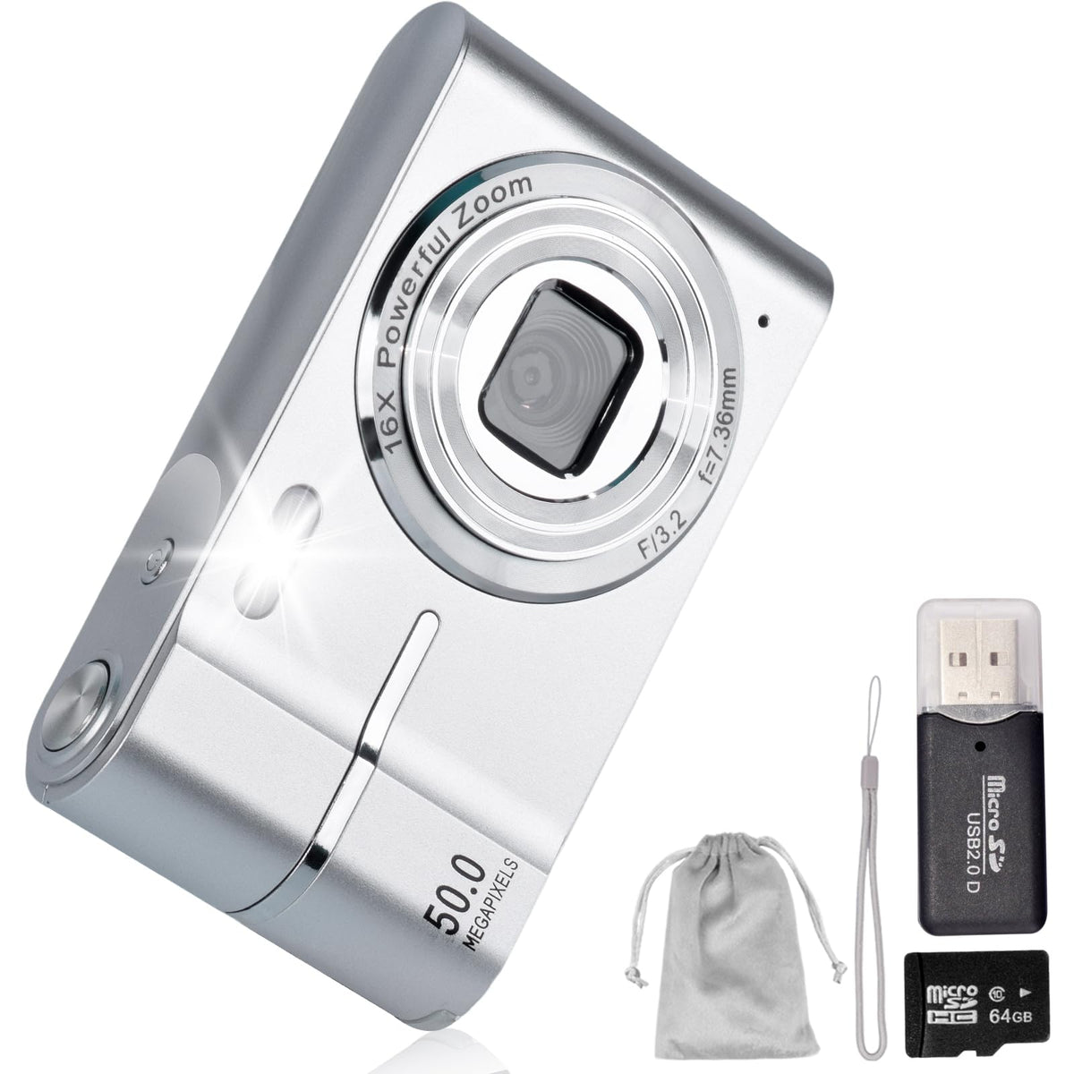 HEILUON Camara Fotografica Digital para Niños FHD 1080P 50MP con Tarjeta 64GB, Zoom 16X, Anti-Shake, Disparo Continuo – Camara Digital Digicam Regalo para Niños y Niñas (Plata)