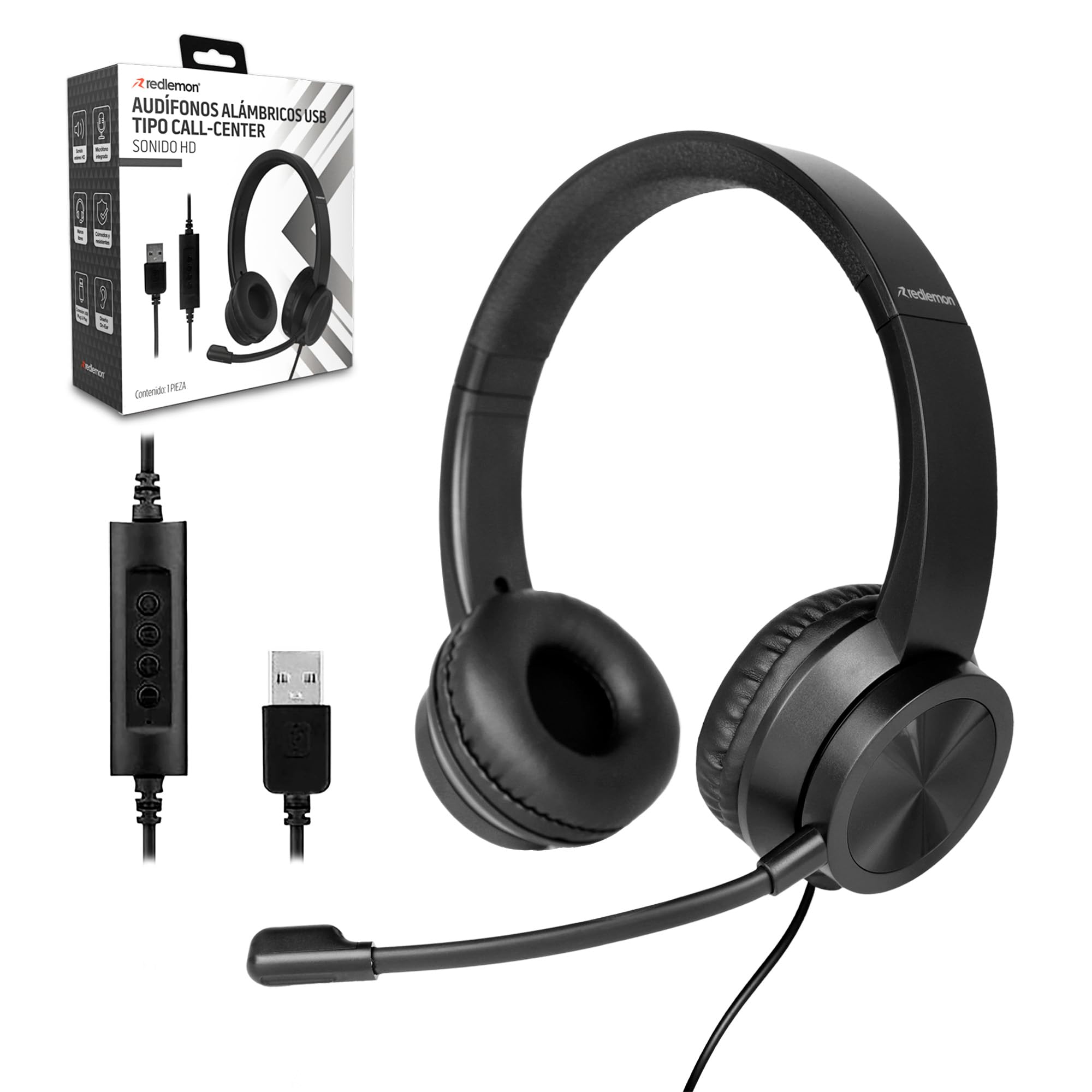 Redlemon Audífonos Alámbricos de Diadema USB con Micrófono Tipo Call Center