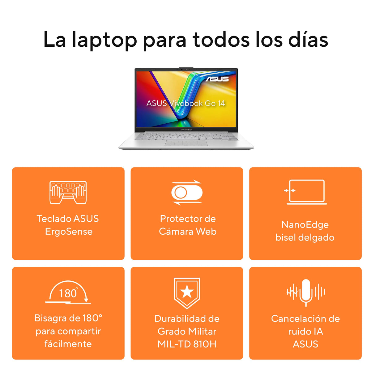 ASUS Laptop Vivobook Go 14/E1404FA-NK480W/AMD Ryzen 5-7520U 4 núcleos/8GB RAM/512GB SSD/Plata/Windows 11/Mouse y Mochila/Teclado en Español(Grantía y Servicio en México)