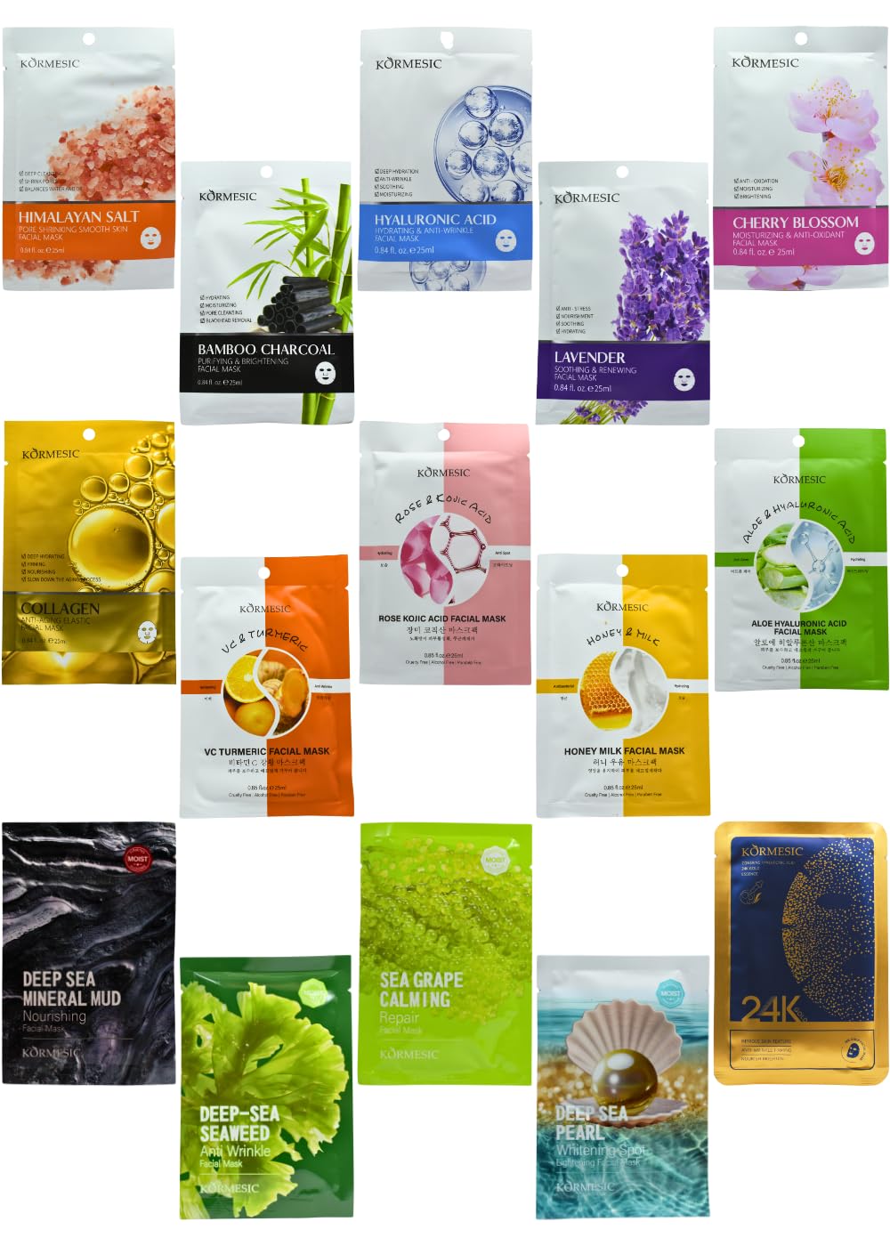 Kit de 15 Mascarillas faciales coreanas coreanas con ingredientes PREMIUM - Oro 24K, Colageno, Acido Hialuronico, Carbon de bambu, Sal de Himalaya, Flor de Cerezo, Lavanda, Aloe, Miel con Leche y mas.