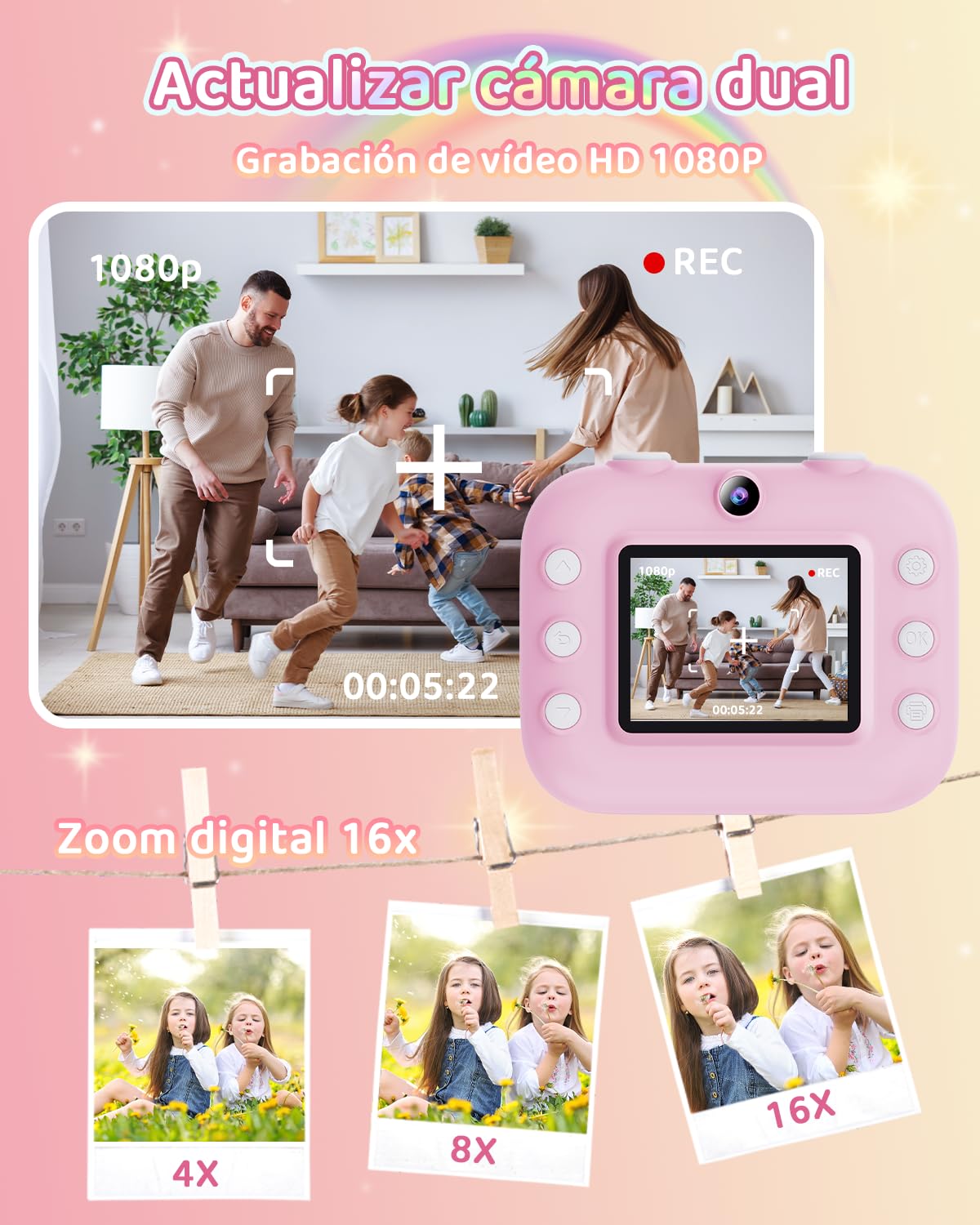 PTHTECHUS® cámara para niños de impresión instantánea con Tarjeta SD de 32 GB y Papel de impresión, cámara Digital de Selfie, Regalo de Juguetes para niños pequeños para niñas de 3 a 15 años (Rosa)