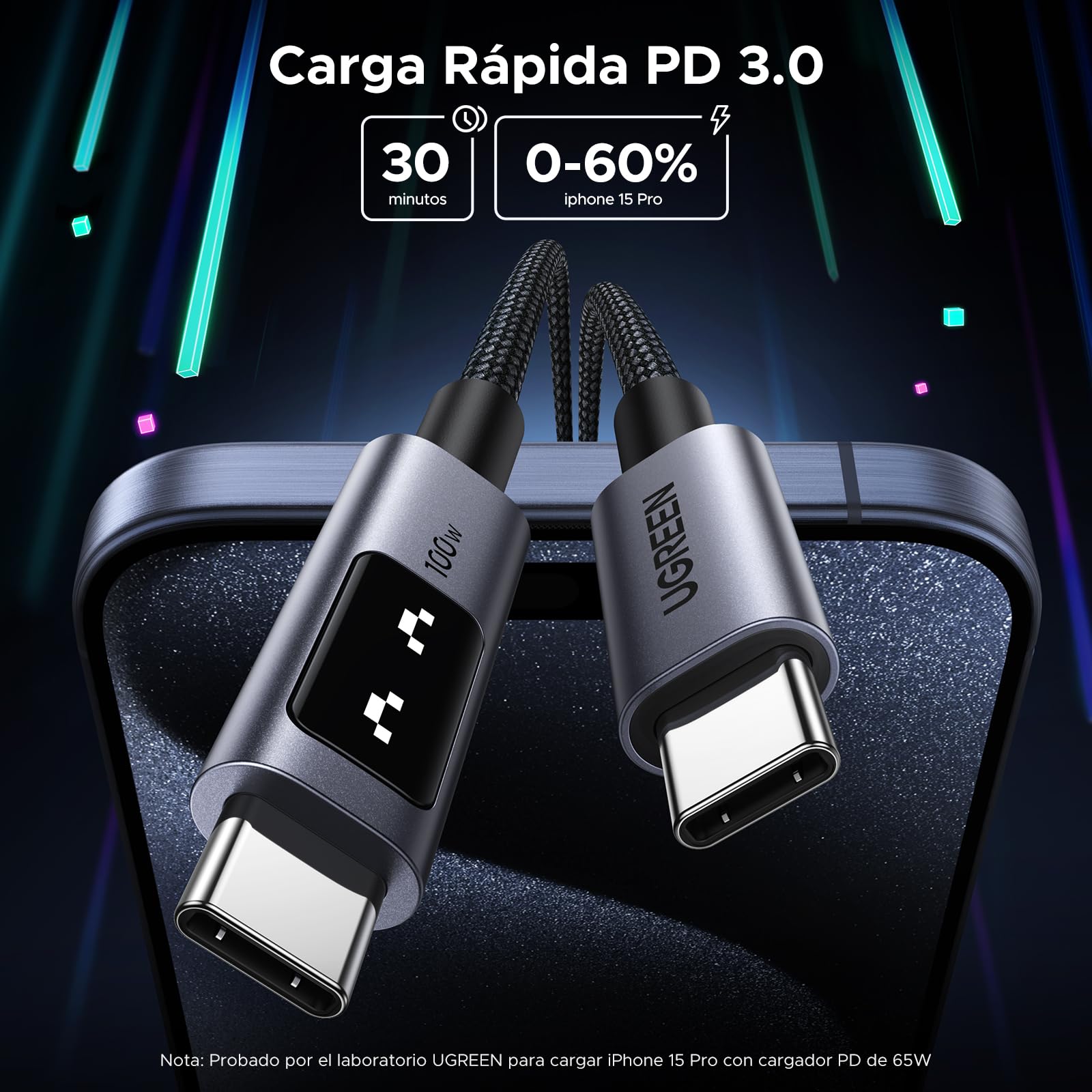 UGREEN UNO Cable USB C a USB C 100W (5A/20V) Tipo C PPS Carga Rápida PD 3.0 Pantalla Compatible con M4 MacBook Pro Air, iPad 2024, iPhone 16 15, Galaxy S25 S24 Ultra, Pixel 9 8 7, 2M, Negro