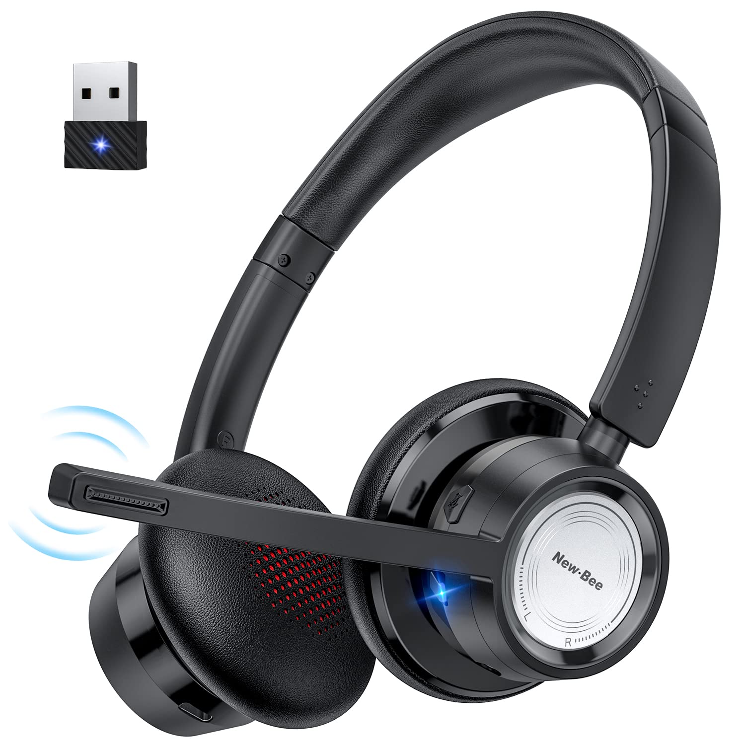 New Bee Auriculares Bluetooth Audífonos de Diadema Inalámbricos con Cancelación de Ruido 20 Hrs de Tiempo de Conversación y Botón de Silencio para el Trabajo/PC/Oficina/Zoom/Skype (Incluye USB Dongle)