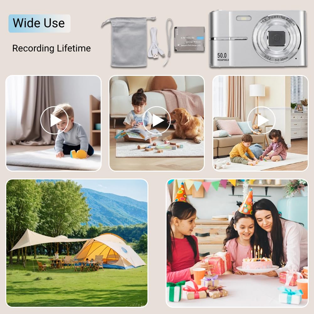 ASHATA Cámara Digital, Cámara de Vlogging FHD 1080P con Enfoque Automático, Cámara Digital con Zoom Digital de 50MP 16X, Cámara Compacta Portátil AF Pantalla de 2,4 Pulgadas para (Silver)