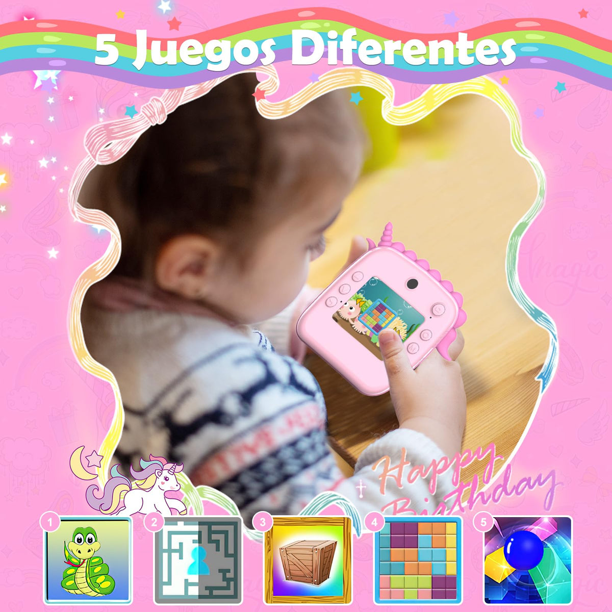 HDMSYD Camara Fotos Infantil Instantanea, Cámara Infantil de impresión instantánea HD 1080P,Pantalla Ocular de 2.4 Pulgadas,con Tarjeta 32G y 2 Rollos de Papel térmico,El Mejor Regalo para niños.