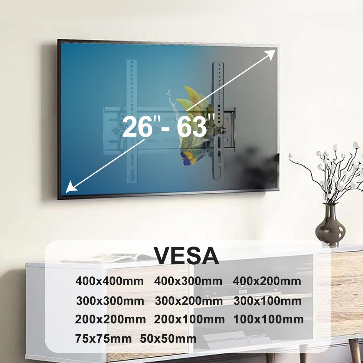TETVIK Soporte de TV con inclinación para Pantallas de 26”-63”, Máx VESA 400x400 mm,soporta hasta 50 KG de Carga, 32 37 40 42 43 50 55 60 Pulgadas Soporte de Pared Fijo para TV(Materiales Reforzado)