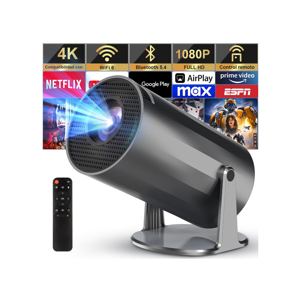 Proyector 4k, Mini Proyector Portatil con Android, Proyectores Inteligente 200 ANSI con WiFi 6 y BT 5.4, Auto Keystone, Pantalla de 200", Giro de 270°, Compatible con HDMI/iOS/Phone/PC/PS【HY300 PRO】