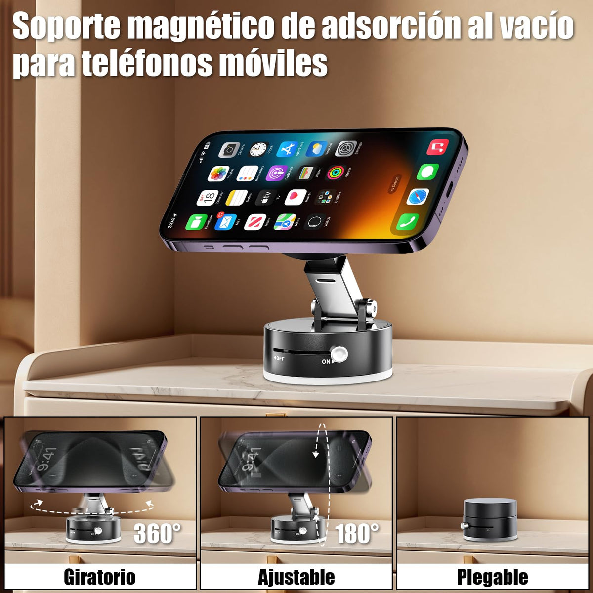 LONGLIV Soporte de Teléfono para Coche,Soporte de Teléfono Magnético al Vacío,Portátil Plegable,Retráctil y con Rotación de 360 Grados,Compatible con Todos los Teléfonos Móviles