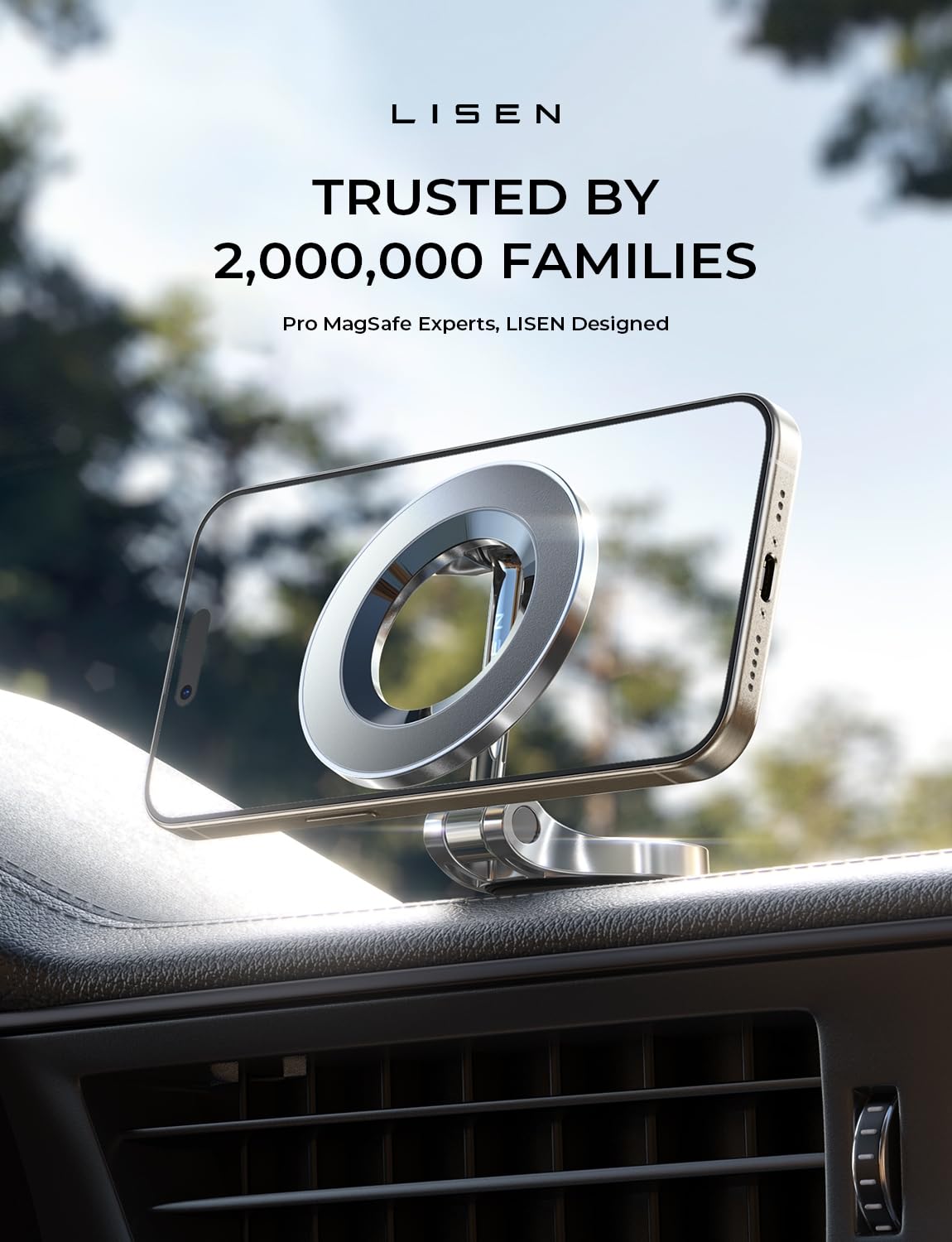 LISEN Soporte para Celular Automóvil Magsafe, 24 Imanes 360° Giratorio Base para Celular Porta Telefono Automovil Compatible con iPhone 16 15 Pro MAX 14 13 y Otros Dispositivos con Anillo Magnético