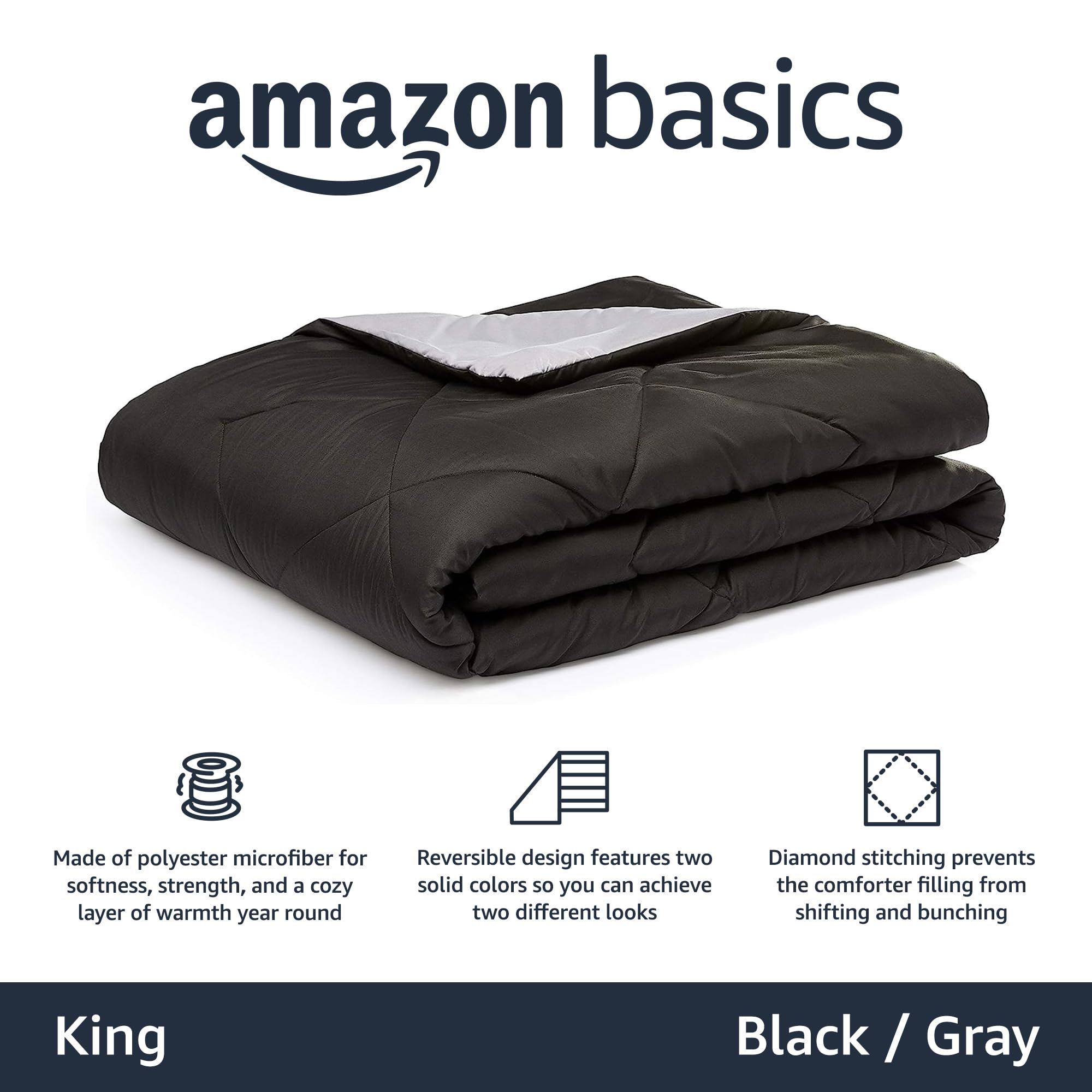 Amazon Basics - Edredón doble vista de microfibra, color negro, tamaño King