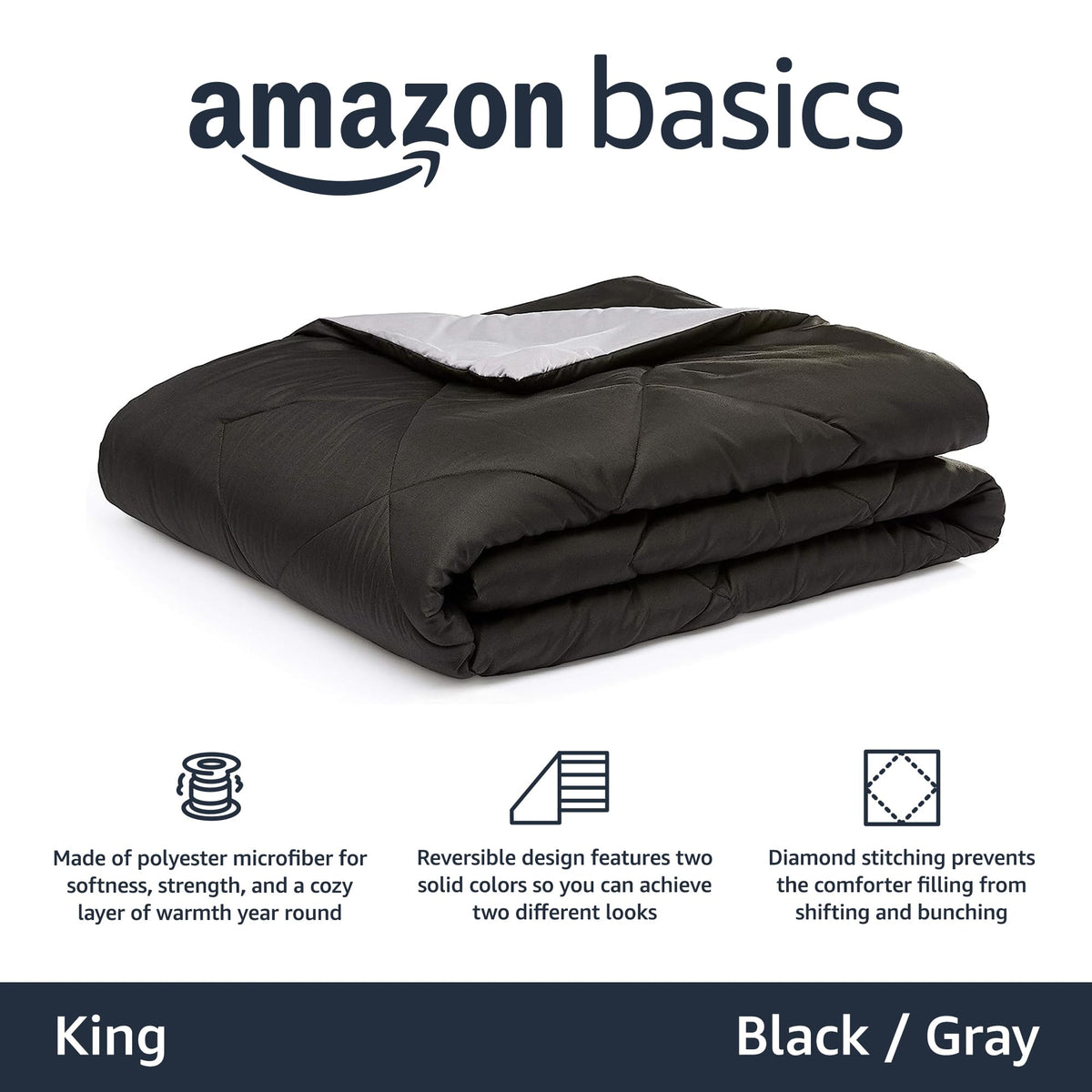 Amazon Basics - Edredón doble vista de microfibra, color negro, tamaño King