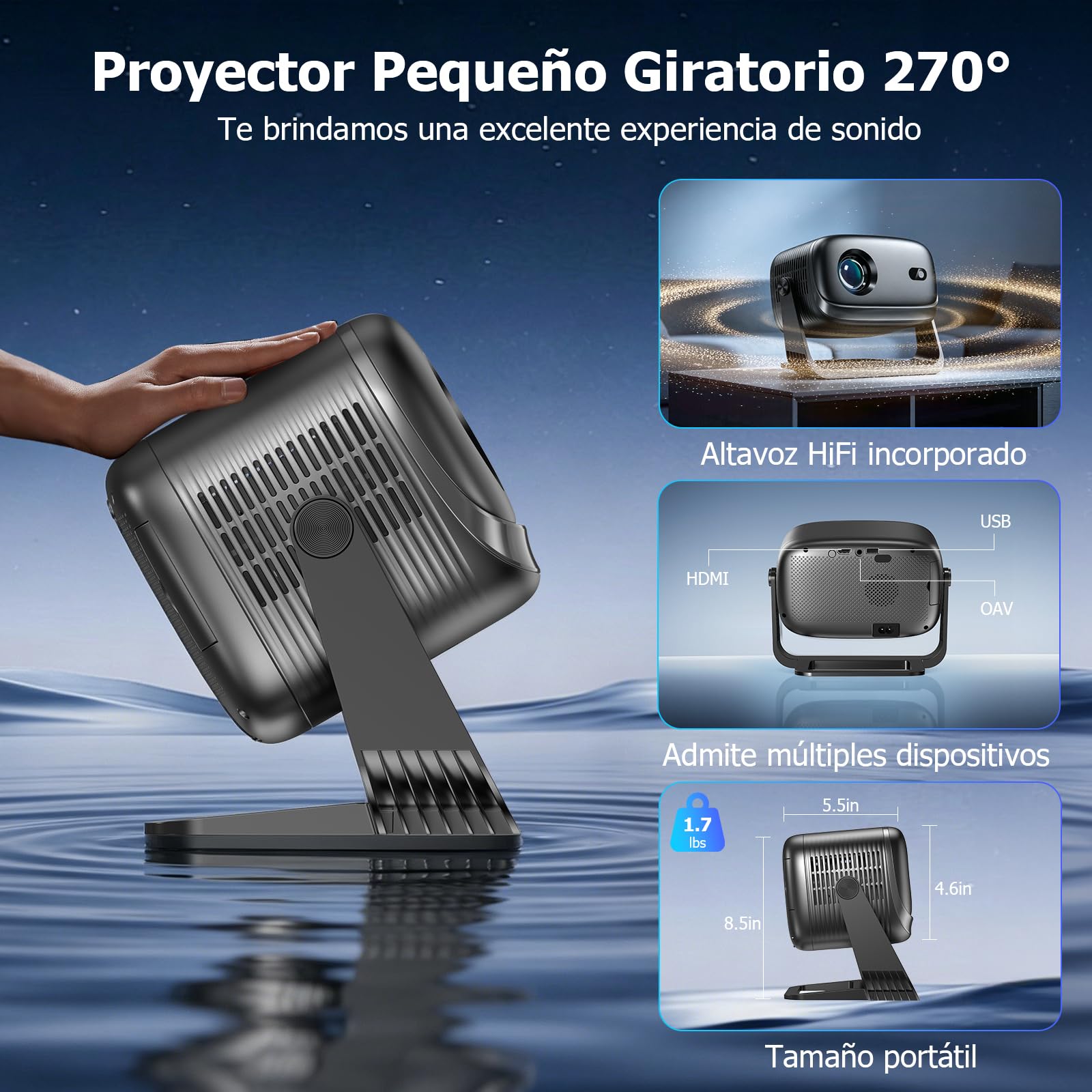 Proyector 4k, Mini Proyector Portatil con Android, 20000L 1080P Proyectores Inteligente con Enfoque Automático, WiFi 6 y BT 5.4, Pantalla de 200", Giro de 270°, Compatible con HDMI/iOS/Laptop/PC/PS