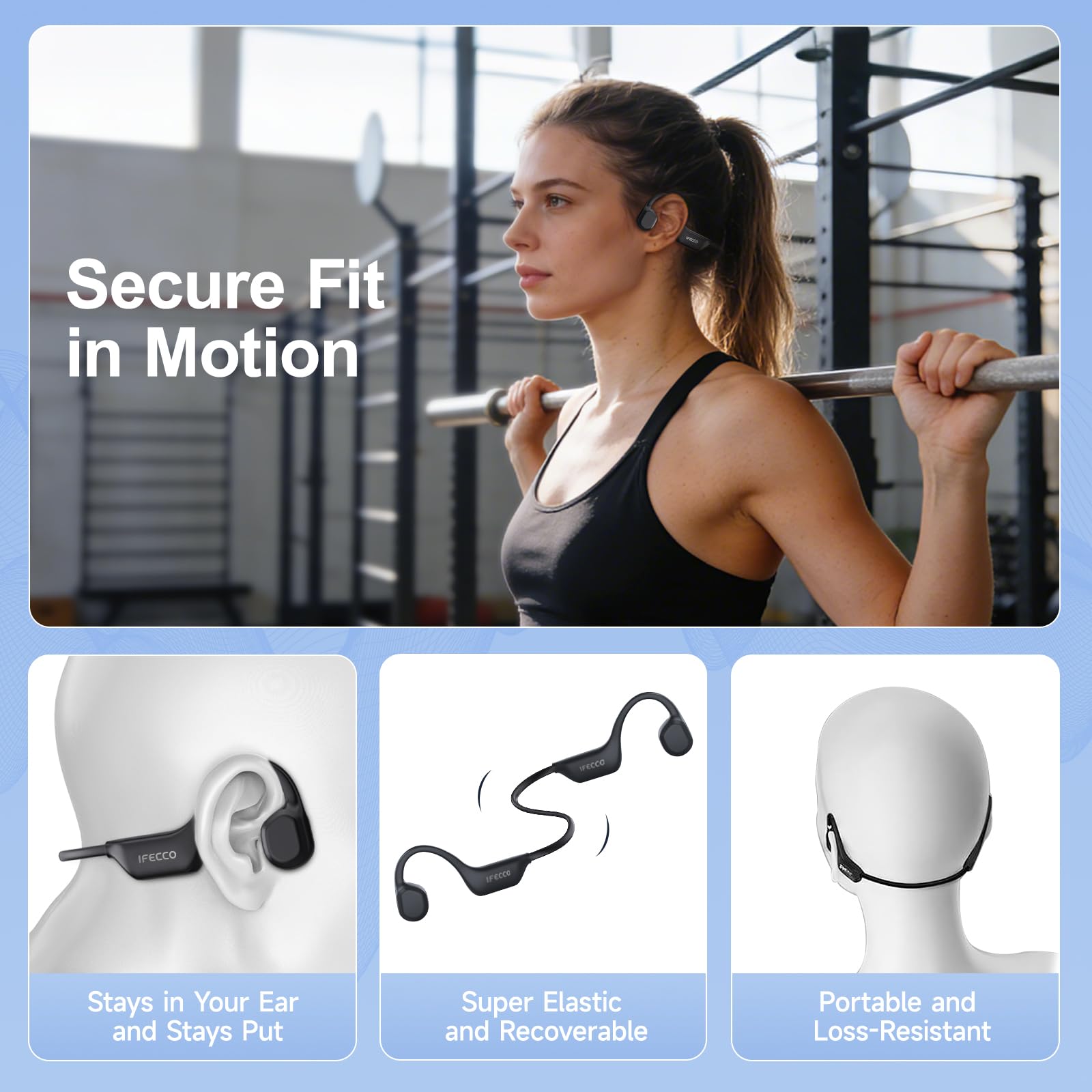 IFECCO Audífonos Conducción Osea Bluetooth 6.0 - IP67 Resistente al Agua Audífonos de Oído Abierto Inalambricos con Micrófono,10H de Potencia para Ciclismo, Correr, Senderismo