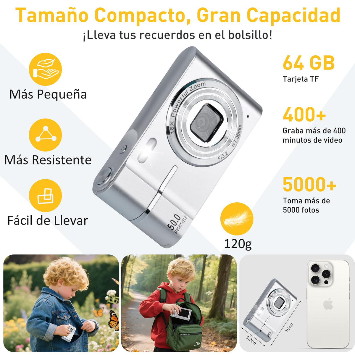 HEILUON Camara Fotografica Digital para Niños FHD 1080P 50MP con Tarjeta 64GB, Zoom 16X, Anti-Shake, Disparo Continuo – Camara Digital Digicam Regalo para Niños y Niñas (Plata)