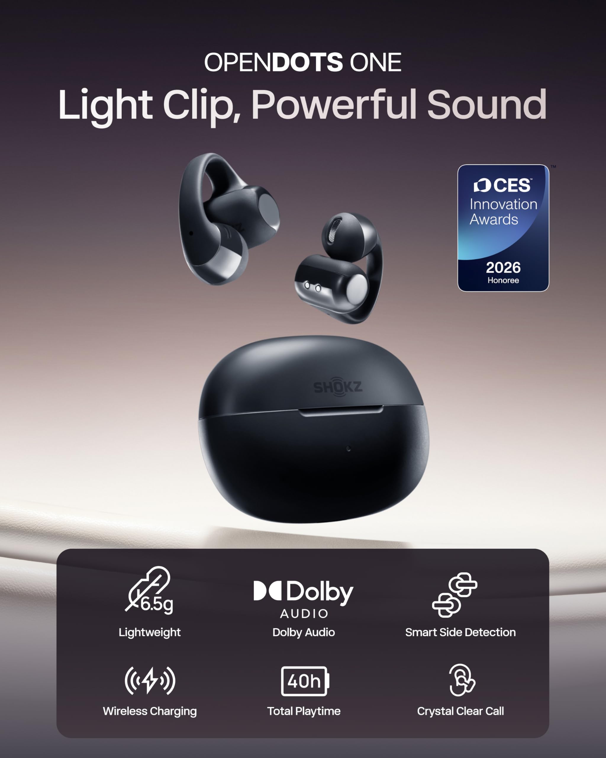 SHOKZ OpenDots ONE Auriculares Inalámbricos Bluetooth 5.4, Audifonos Deportivos Abiertos Clip, Dolby Audio Premium 6,5g, Open Ear, 40H de Batería, 4 Mics. Cancelación Ruido, con Paño de Limpieza,Negro