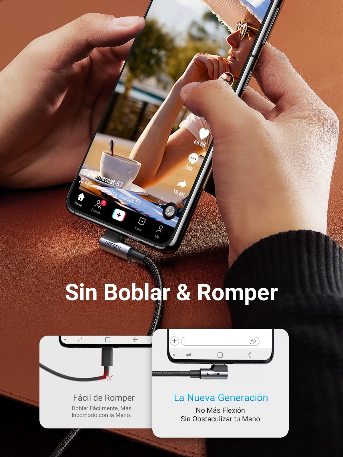 UGREEN Cable USB Tipo C 90 Grados, Codo Nylon Trenzado Carga Rápida Compatible con iPhone 16 15 Pro Max Plus, Galaxy S25 S24 S23 Note 20, Xiaomi, Huawei P10, LG, 2M