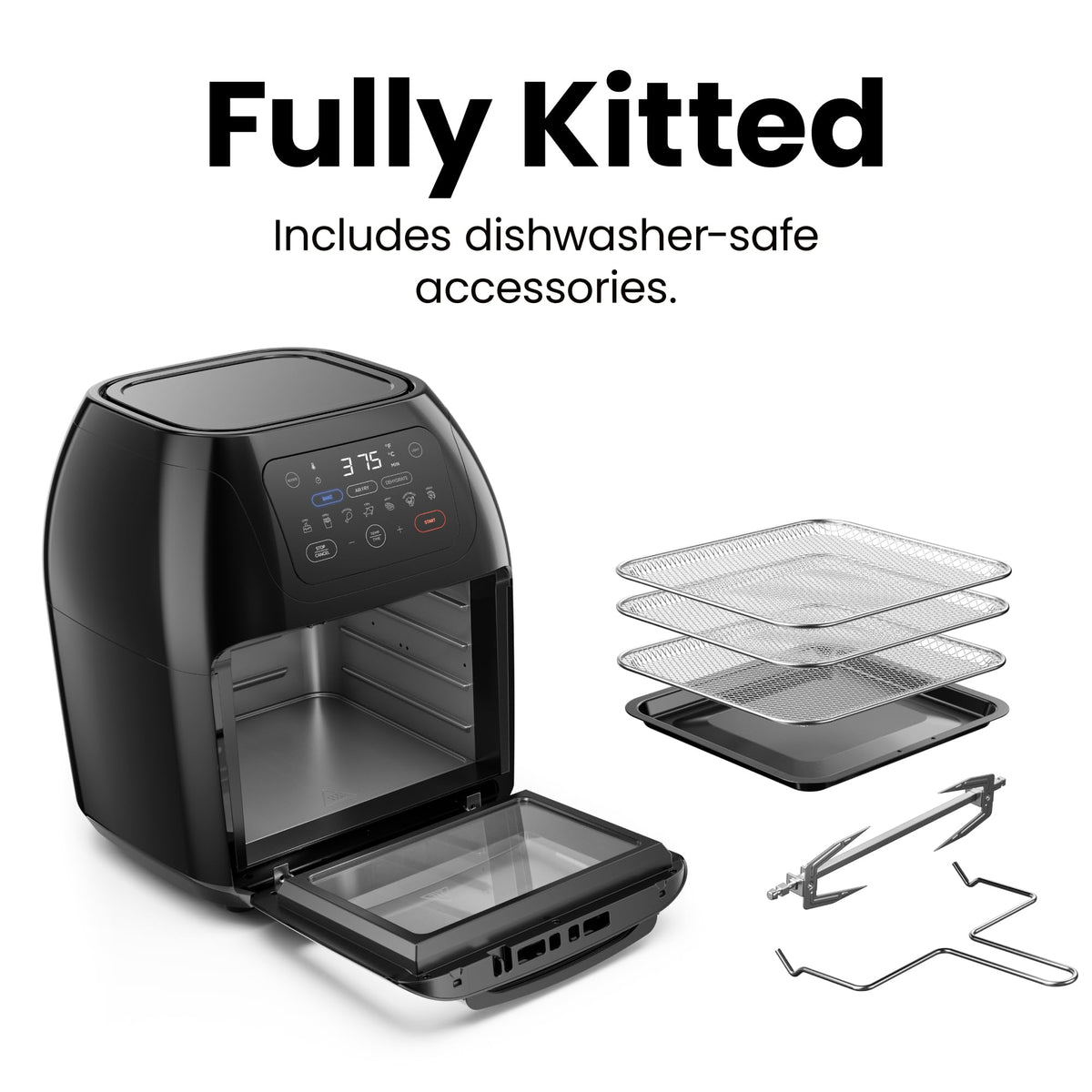 Chefman - Freidora digital multifuncional + asador, deshidratador, horno de convección, 17 preselecciones en pantalla táctil para freír, asar, deshidratar y hornear accesorios incluidos, L 10L, negro