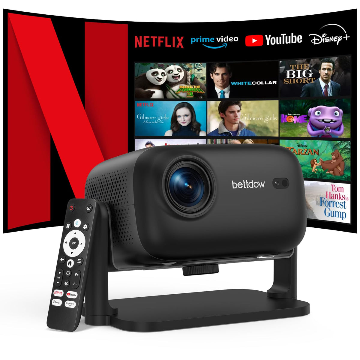 Bettdow Proyector Full HD 1080P con Licencia Oficial Netflix, Control por Voz AI, Altavoz Integrado, Compatible con PC Laptop TV Box PS4, Relación de Aspecto 16:9 – Ideal para Cine en Casa, Juegos