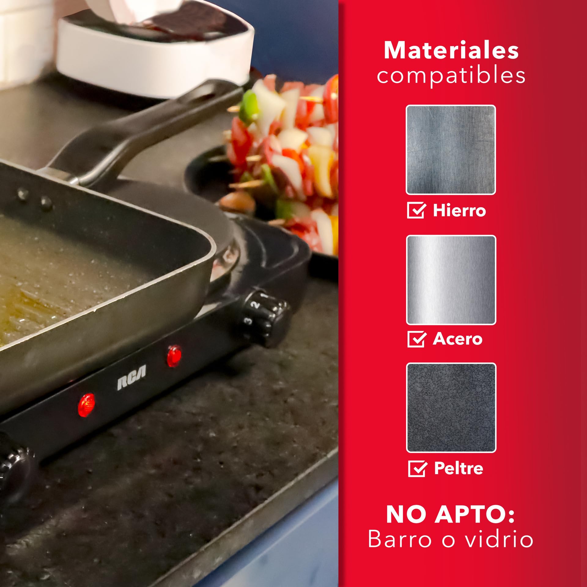 RCA Parrilla Eléctrica RC2000N con Dos Quemadores de 1000W, Acero Inoxidable, Portátil, Alta Resistencia, Calor Uniforme, 5 Niveles de Calor, Antiderrapante y Funcional para Cocina Compacta.
