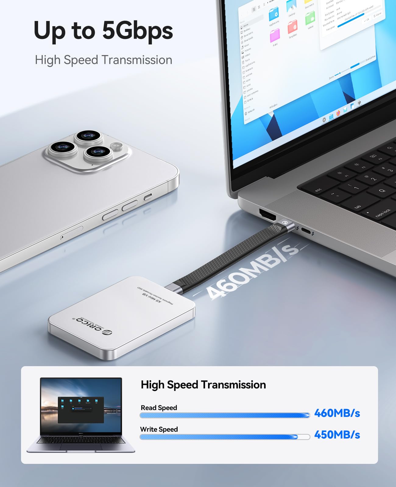 ORICO SSD Externo Magnético de 480GB, Aleación de Aluminio, hasta 460MB/s, Amplía el Almacenamiento para iPhone 17 Pro MAX, Compatible con MagSafe, Smartphones USB-C - K5MINI Plata