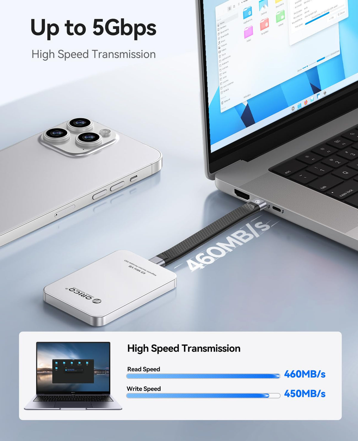 ORICO SSD Externo Magnético de 480GB, Aleación de Aluminio, hasta 460MB/s, Amplía el Almacenamiento para iPhone 17 Pro MAX, Compatible con MagSafe, Smartphones USB-C - K5MINI Plata