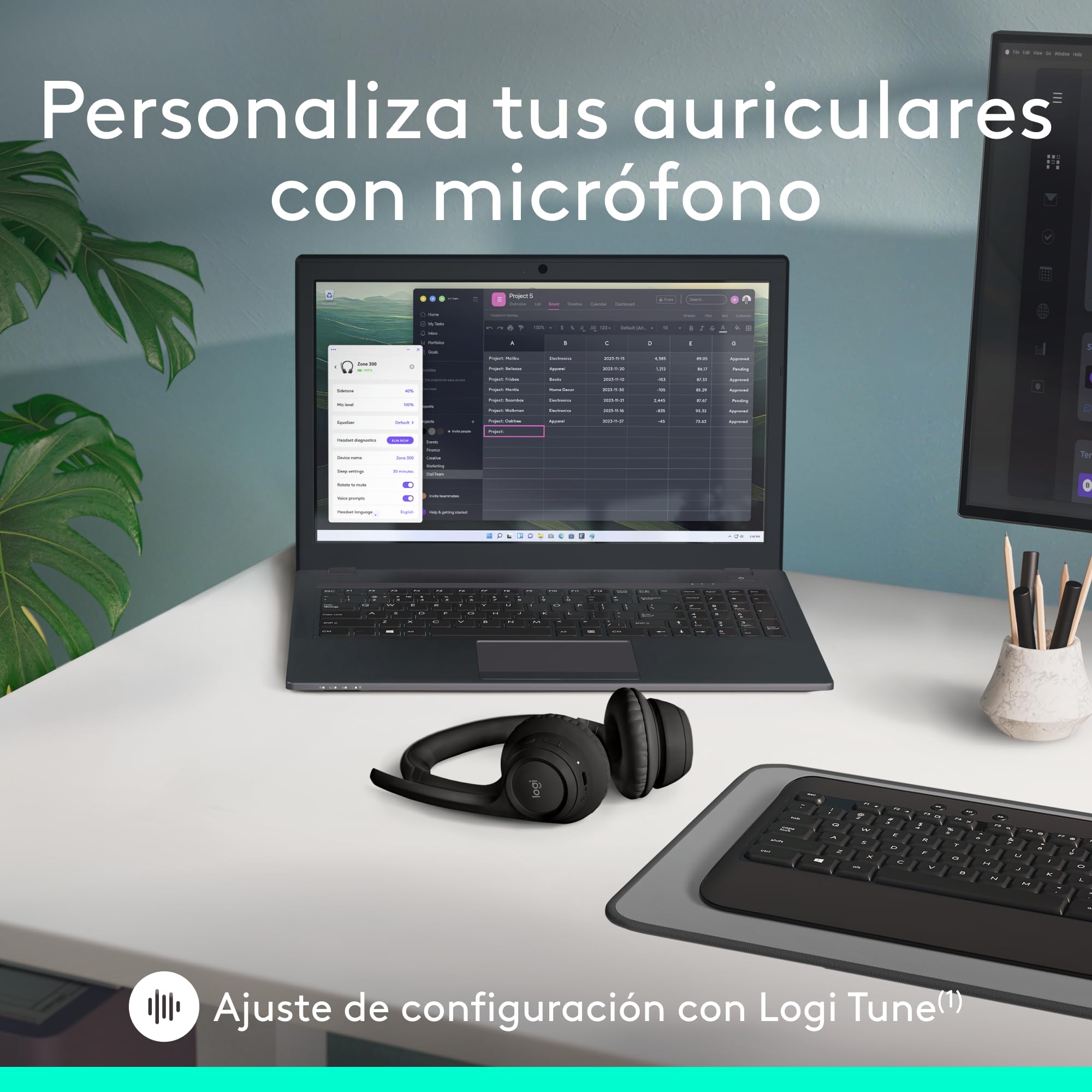 Logitech Zone 300, Auriculares con micrófono Bluetooth inalámbricos con cancelación de Ruido, compatibles con Windows, Mac, Chrome, Linux, iOS, iPadOS, Android – Negro