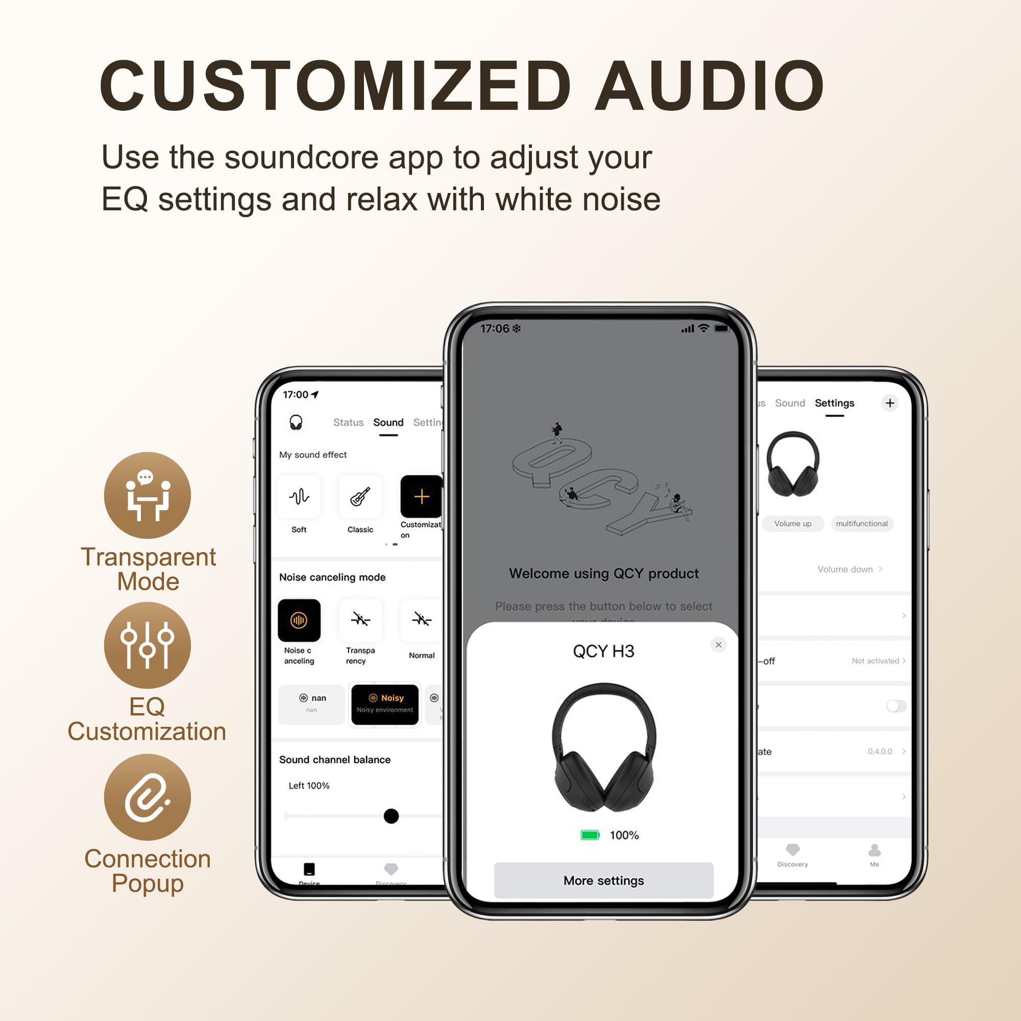 QCY H3 Audífonos Inalámbricos Bluetooth 5.4, Cancelación Activa de Ruido, Hi-Res Audio, Diadema Plegables Auriculares Over Ear, 60 Horas de Reproducción Compatible con iOS/Android