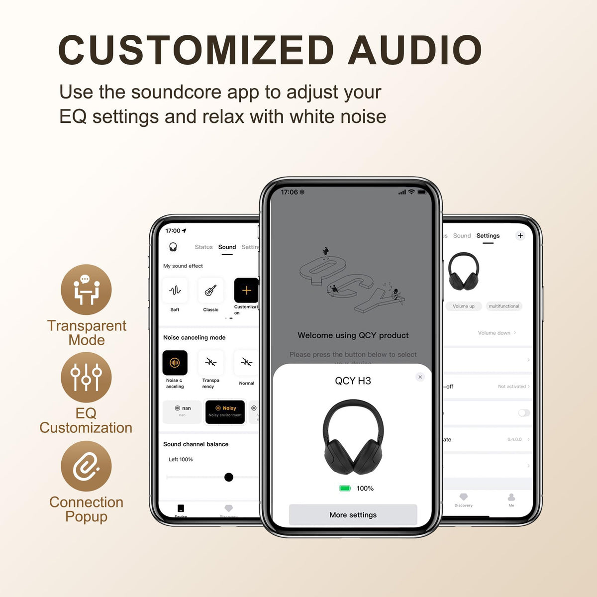QCY H3 Audífonos Inalámbricos Bluetooth 5.4, Cancelación Activa de Ruido, Hi-Res Audio, Diadema Plegables Auriculares Over Ear, 60 Horas de Reproducción Compatible con iOS/Android