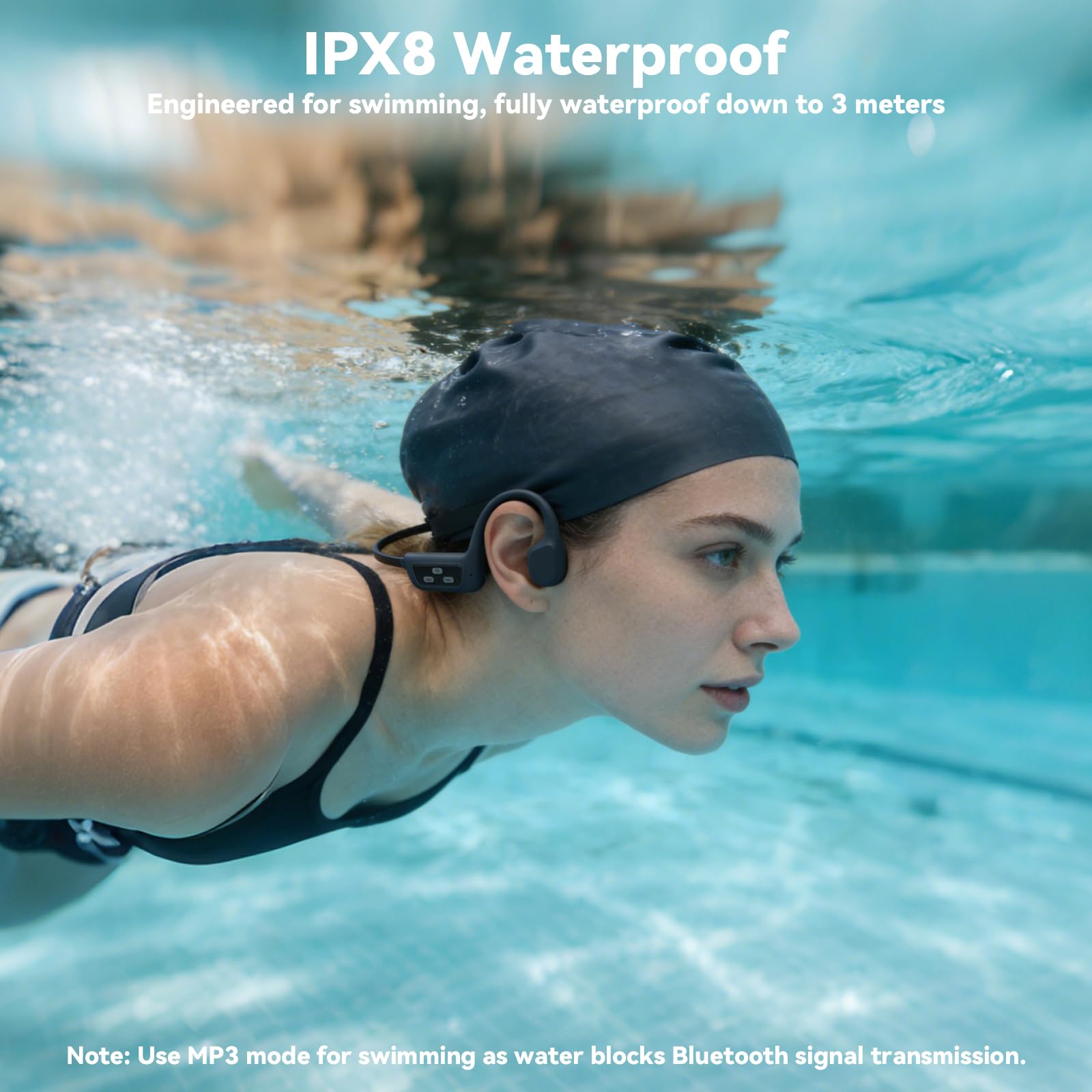 sunvito Audífonos de Conducción Ósea para Natación, Bluetooth 5.4, Oreja Abierta con MP3 de 8GB, IPX8 Impermeables para Piscina y Entrenamiento, Negro