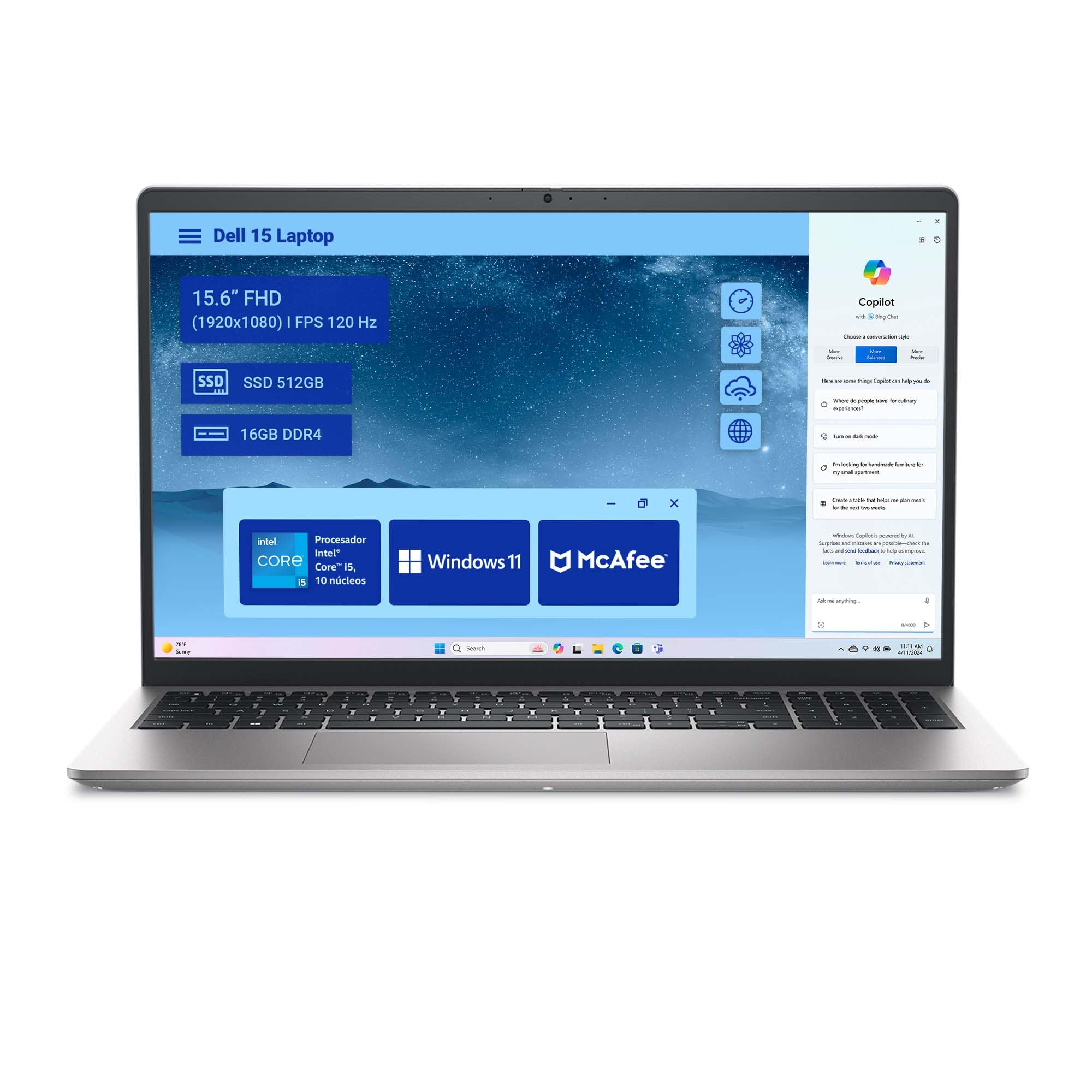 Dell Laptop Intel Core I5-1334U, 16GB 512GB Ssd UHD Graphics 15.6" FHD, Win11, Plata