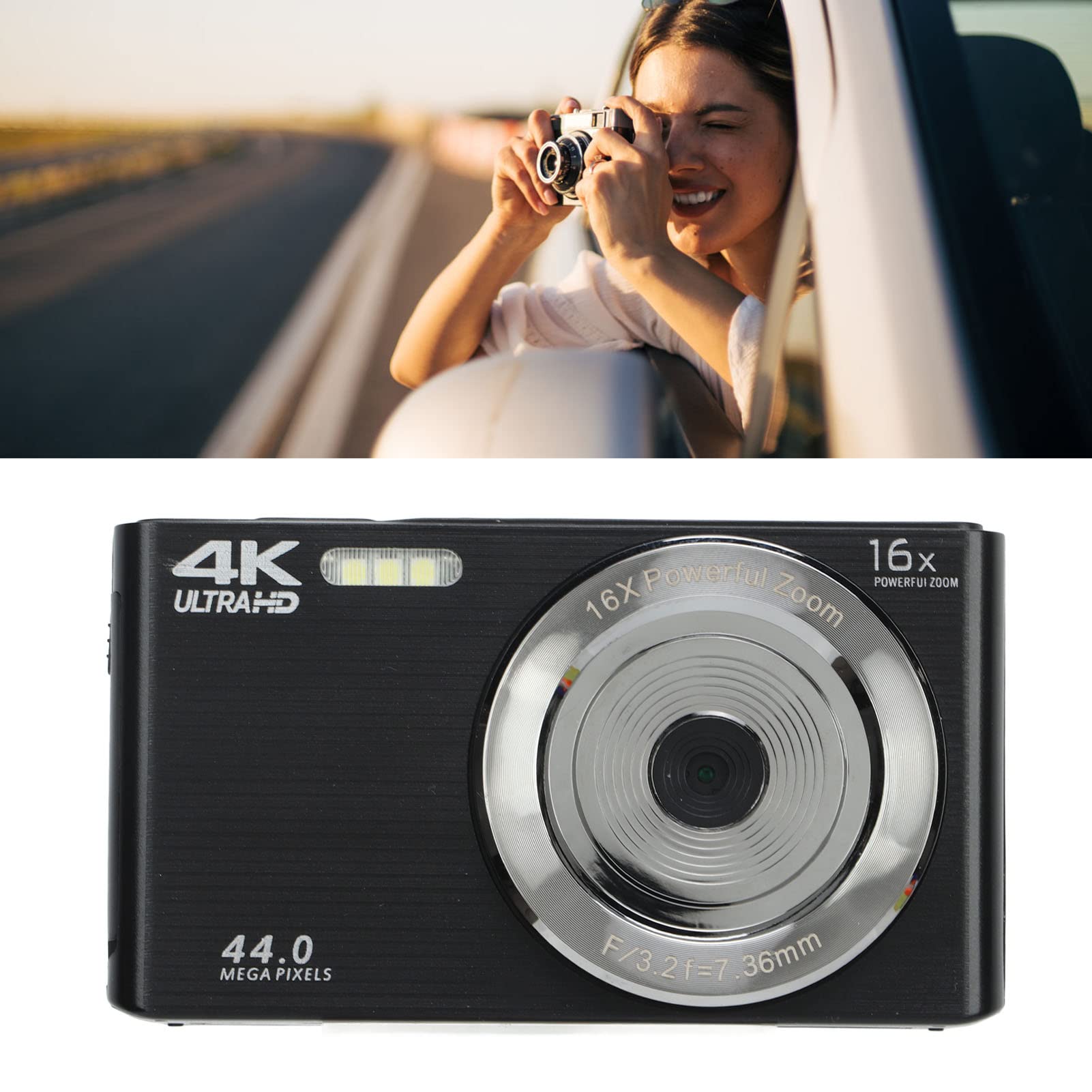 Cámara Digital, Cámara de Vídeo FHD 4K con Zoom Digital de 16X, Cámara de Vídeo de Pantalla de 2,8 Pulgadas de 44MP, Cámara para Niños Principiantes y Adolescentes (Negro)